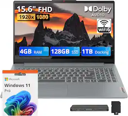 Lenovo - Upgraded - IdeaPad 3i 15.6" FHD Laptop,Intel N100,4GB DDR5,128GB SSD+1TB Docking Set,Intel UHD GPU,Wi-Fi 6,Win11 Pro - Gray