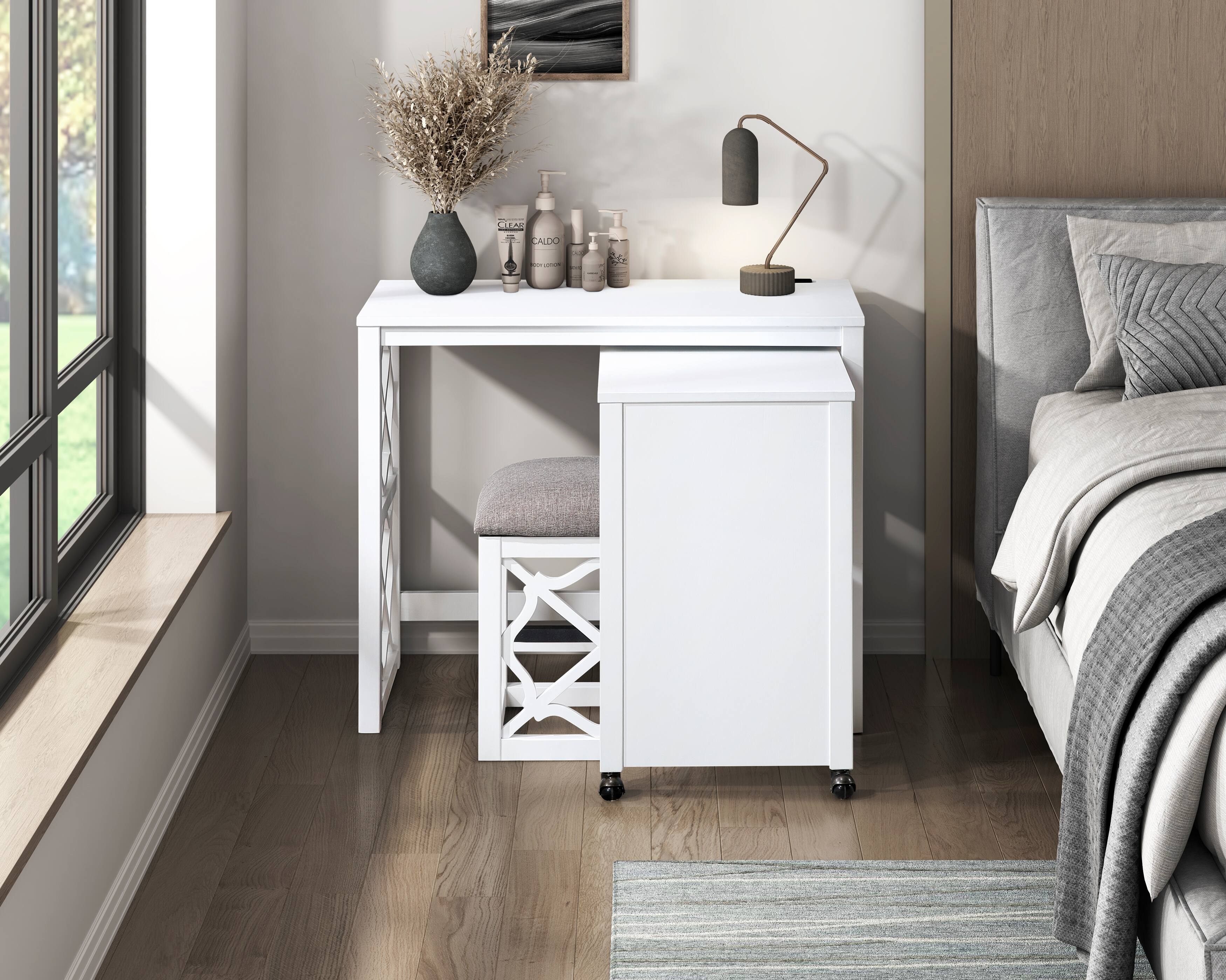 Alt View 8. Glintex - Desks and Stool Set 3pc  Finish Rolling Desk with Casters, 2 Charging ports Home Office Furniture - White.