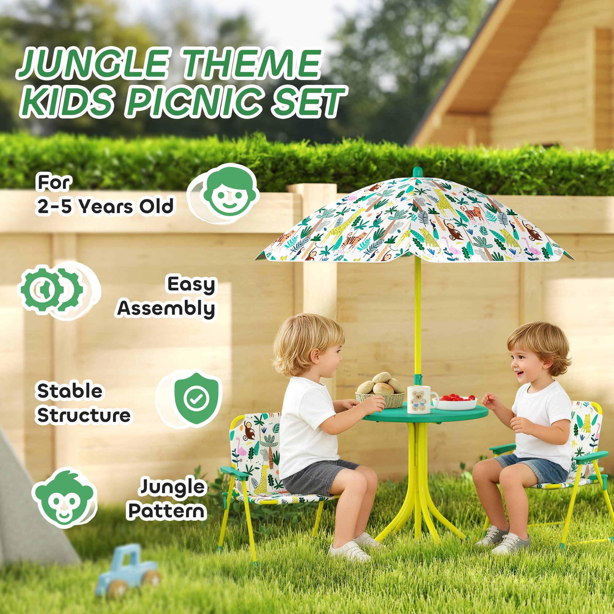 JUNGLE THEME KIDS PICNIC SET

For 2-5 Years Old

Easy Assembly

Stable Structure

Jungle Pattern
