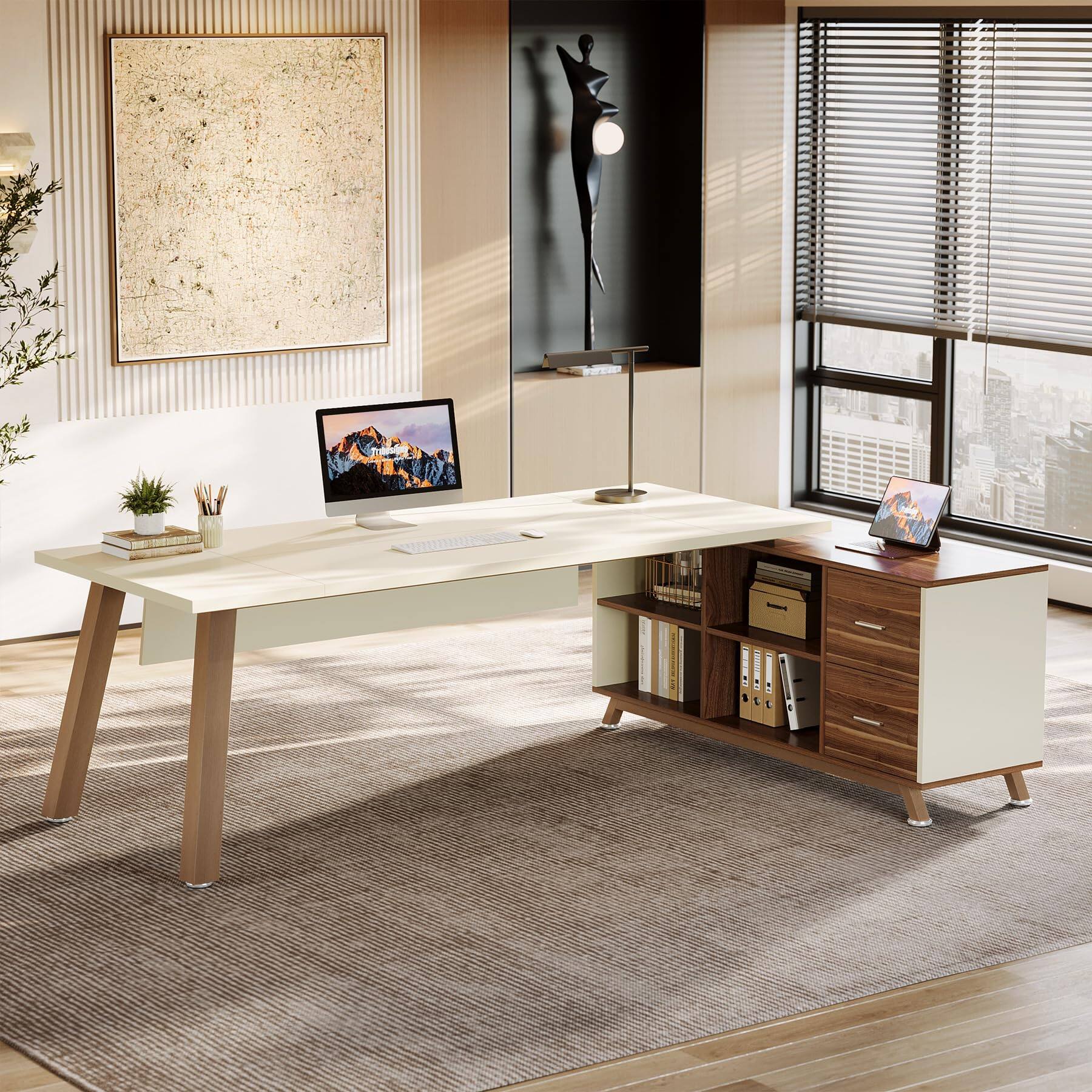 Left. Tribesigns - 78.7" L-Shaped Executive Desk, Modern Office Desk with File Drawers & Storage Shelves, Large Computer Desk with 55-Inch - Beige & Walnut.