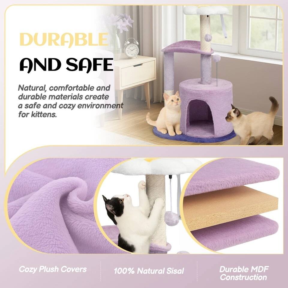 DURABLE AND SAFE

Natural, comfortable and durable materials create a safe and cozy environment for kittens.

Cozy Plush Covers  
100% Natural Sisal  
Durable MDF Construction