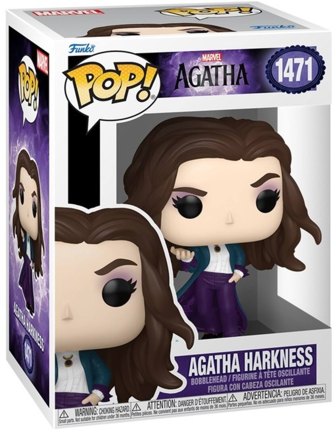 FART Ypy TOALO Funko MARVEL WE AGATHA 1471 B POP! AEIRI UPESS  AGATHA HARKNESS FIGURINE  TTE OSCILANTE BOBBLEHEAD / CON CABEZA OSCILANTE FIGURA PELIGRO DE ASFIIA. D'TOUFFEMENT ADVERTENCIA: para nios menores de 36 meses DANGER pequeas. No es adecuado HAZARO ATTENTION: au de moins de 36 mois Partes WARNING: CHOKING Petites pieces. Ne convient pas children under 36 months Not sutable A Smal parts