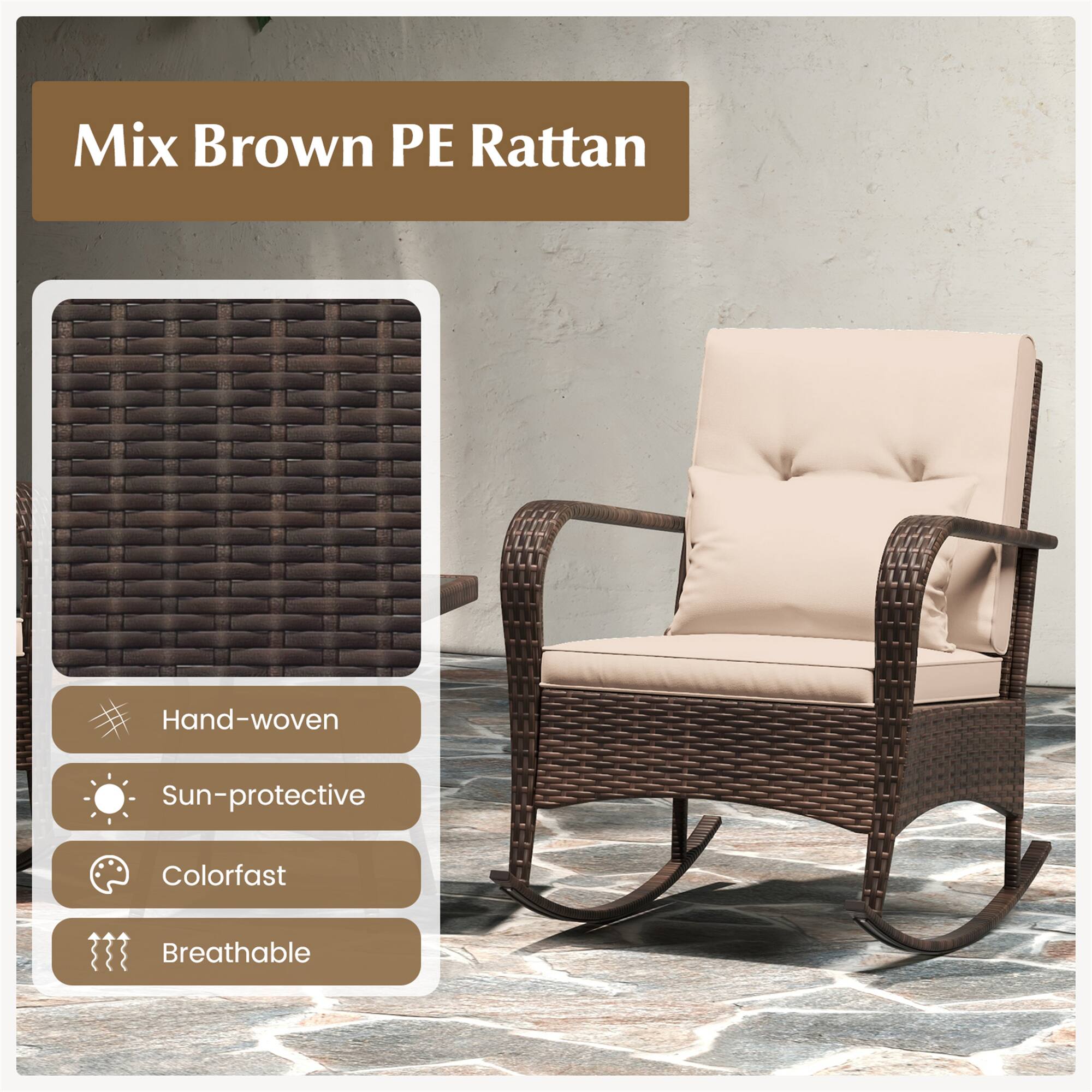 Mix Brown PE Rattan

- Hand-woven
- Sun-protective
- Colorfast
- Breathable