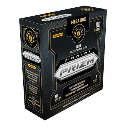 Panini Prizm
2025 Soccer Trading Cards
Club World Cup
Mega Box
60 Total Cards
6 Packs
10 Cards Per Pack
Mega Box Exclusive:
Find 2 Holographic Prizms!
Plus 1 Seismic Prizm!
Look for Autographs from some of the Tournament's Top Players!
No Purchase Necessary