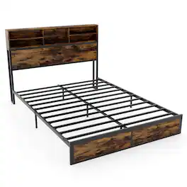 Costway - Queen Bed Frame with Charging Station Storage Headboard Under-bed Storage Space - Brown