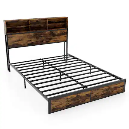 Front. Costway - Costway Queen Bed Frame with Charging Station Storage Headboard Under-bed Storage Space - Brown.
