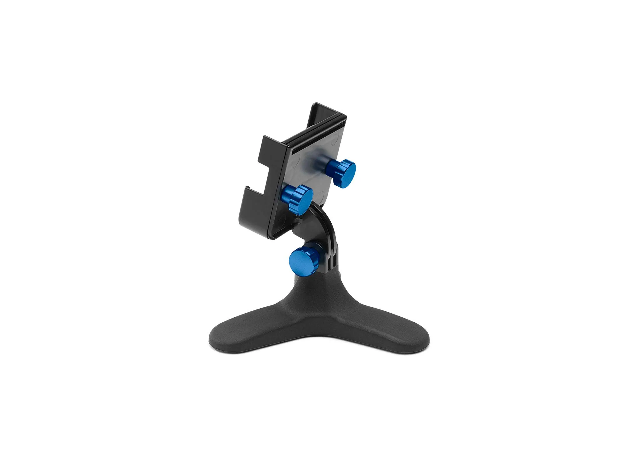 Front. WeatherTech - DeskFone Two View | Rotatable & Adjustable Universal Desktop Cell Phone Holder – Black Body – Royal Blue Metal Knobs - Black/Royal Blue Metal.