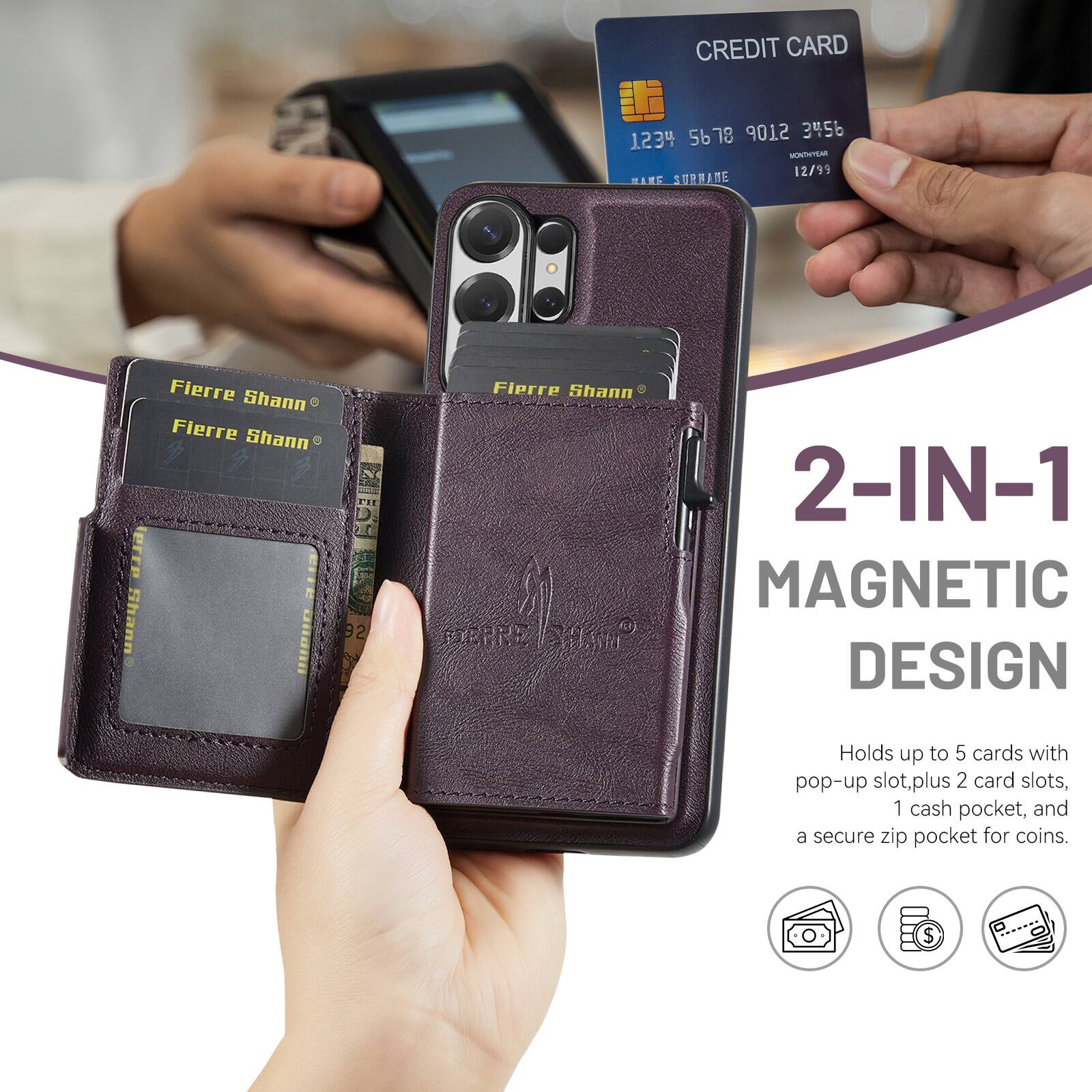 CREDIT CARD 5678 9012 3456 1234 - 12/99

SARE SURRANE

Fierre Shann

PI 4119

CHTE Shann

HUDIE 92

Fiprre Shann

2-IN-1 MAGNETIC DESIGN

Holds up to 5 cards with pop-up slot, plus 2 card slots, 1 cash pocket, and a secure zip pocket for coins.