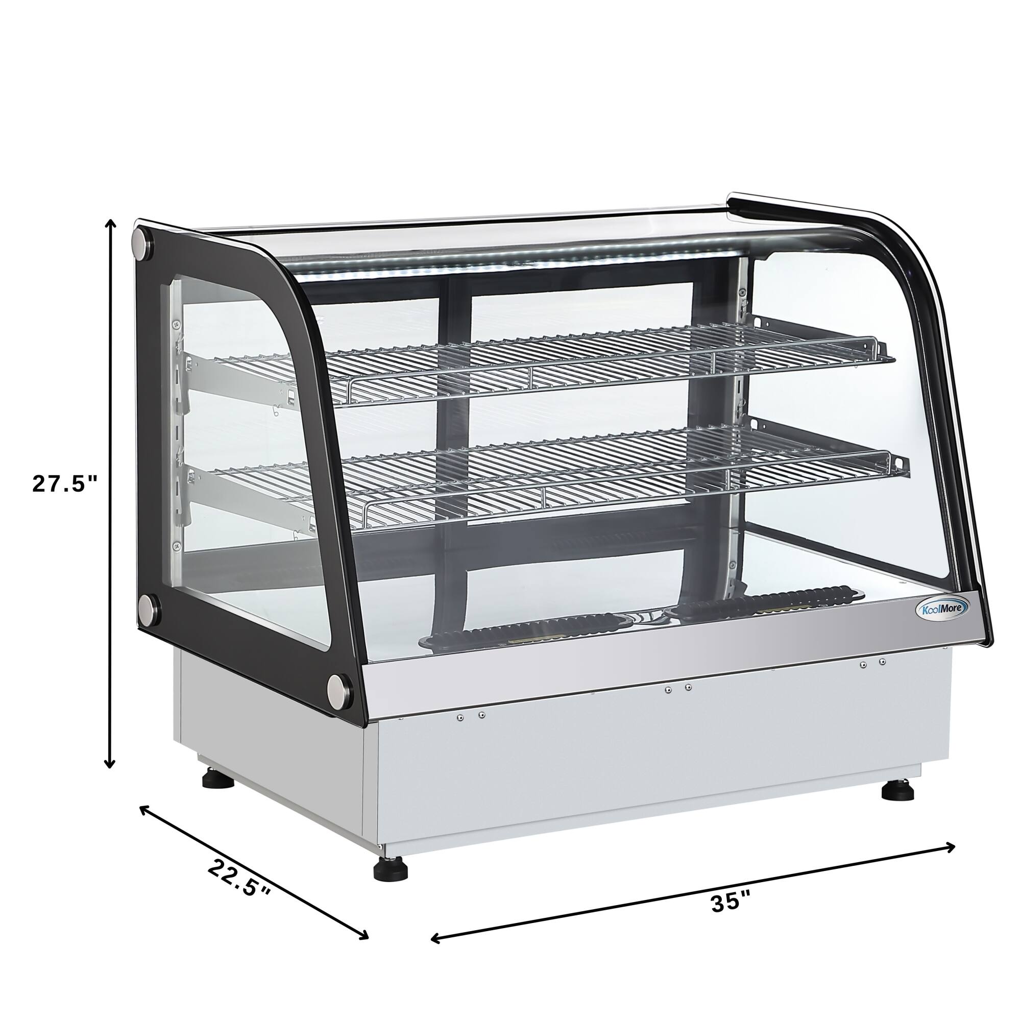 The image shows a KoolMore refrigerator with a glass door and a stainless steel interior. The refrigerator is 27.5 inches tall and 35 inches wide.