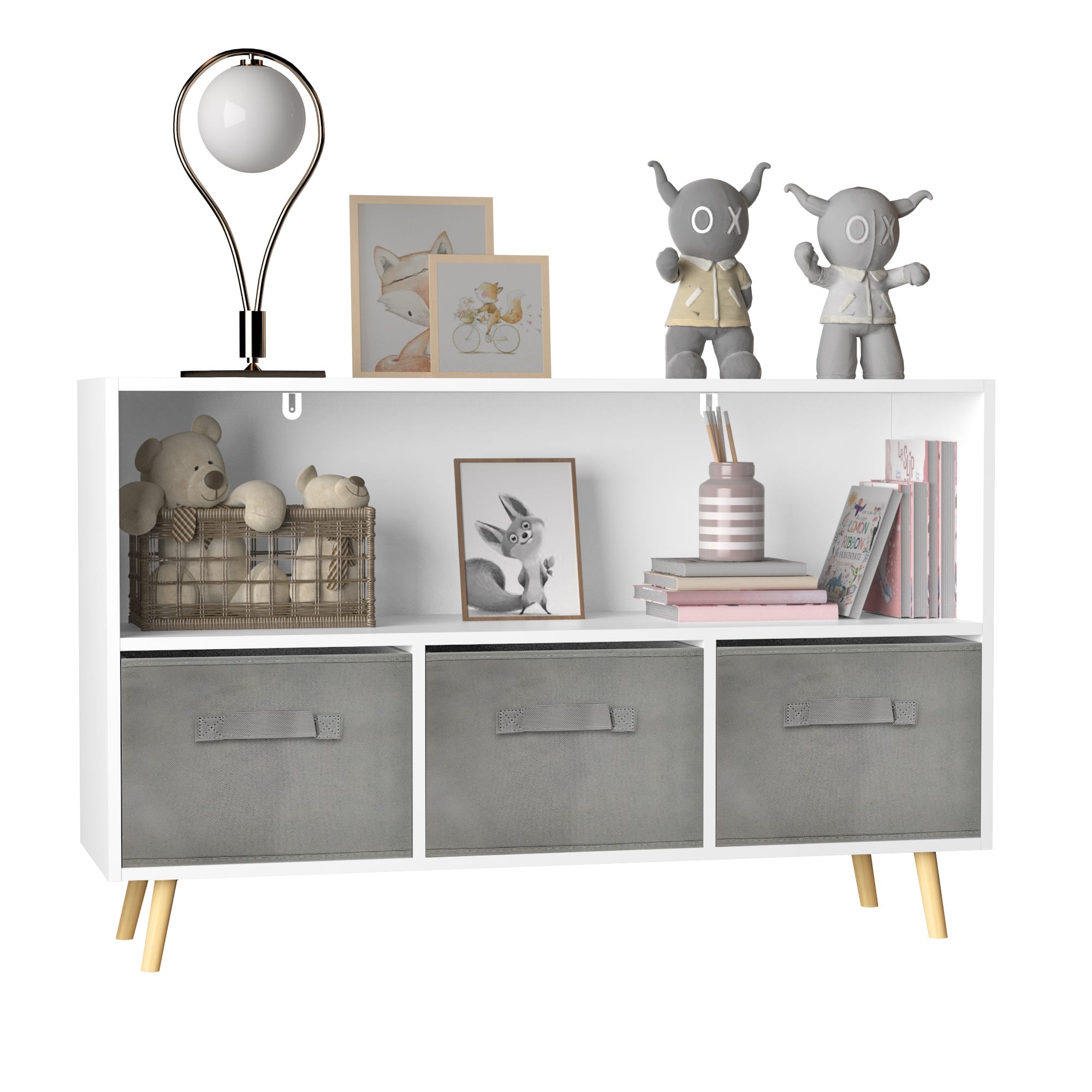 SlickBlue - Kids Bookcase with Collapsible Fabric Drawers and Toy Storage Organizer - Gray