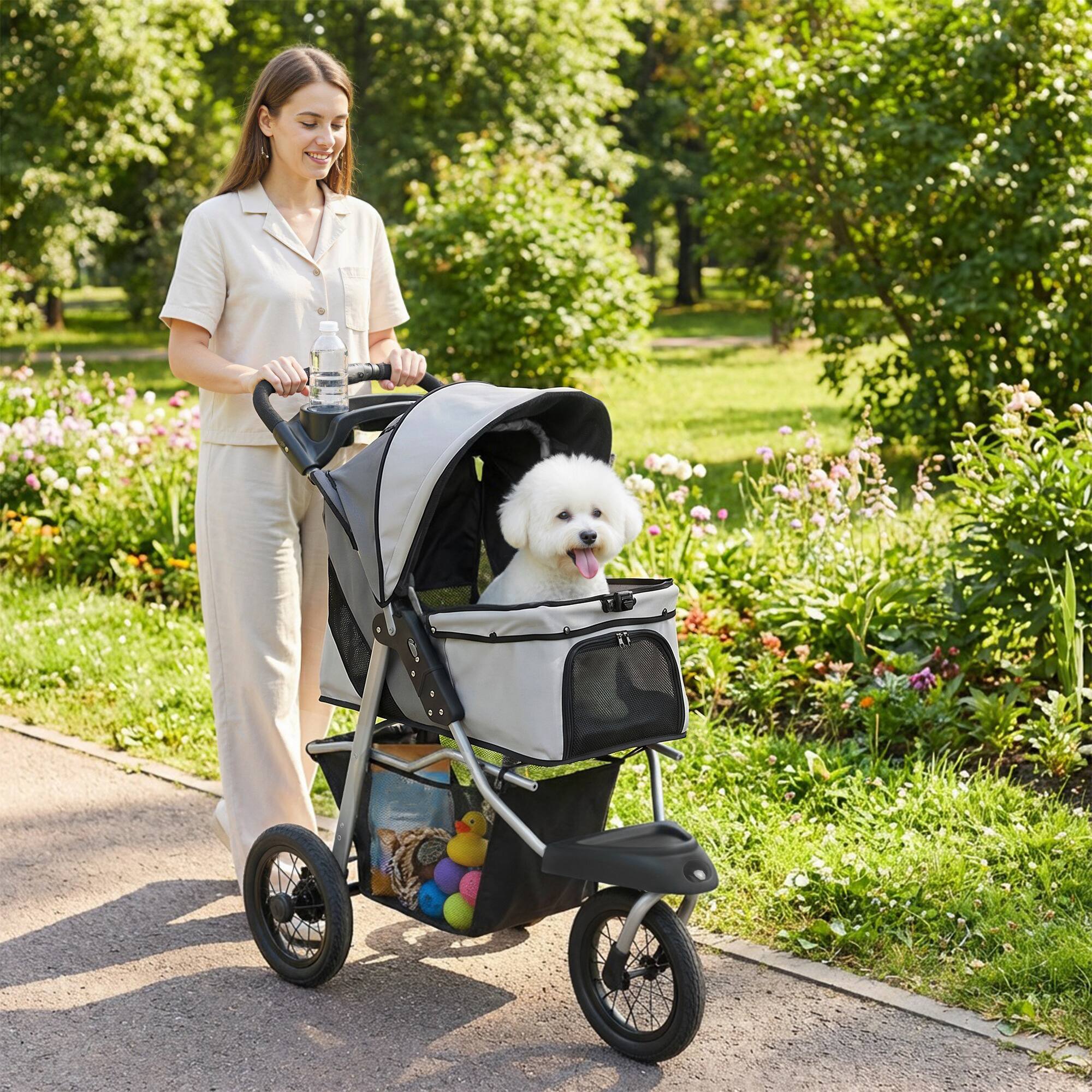 Alt View 1. Pawhut - Stroller, Foldable Dog Stroller with 12" Rubber Wheels for Small Dogs, Up to 22 LBS - Light Gray.