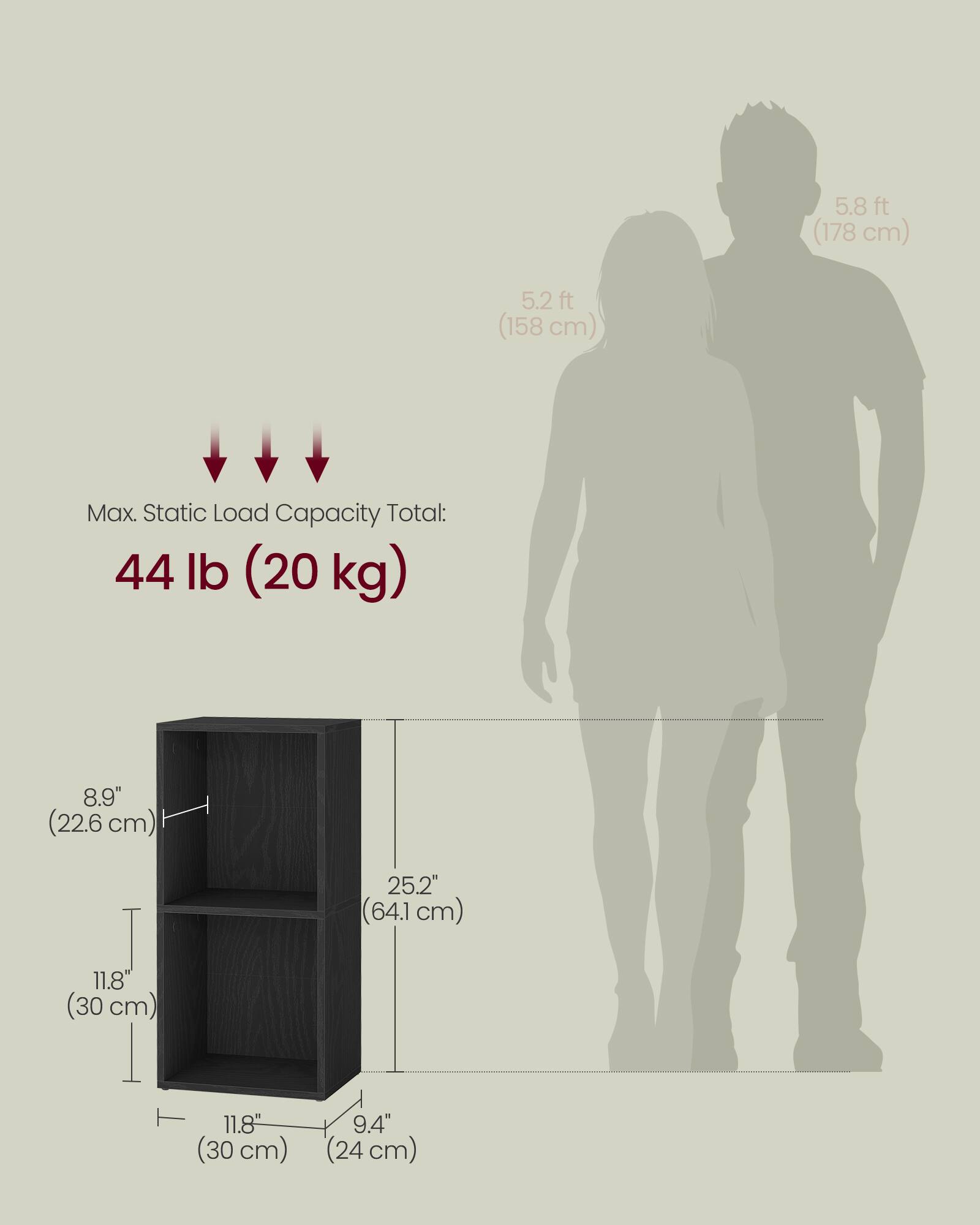 5.8 ft (178 cm)  
5.2 ft (158 cm)  

Max. Static Load Capacity Total: 44 lb (20 kg)  

8.9" (22.6 cm)  
25.2" (64.1 cm)  
11.8" (30 cm)  
11.8" (30 cm)  
9.4" (24 cm)
