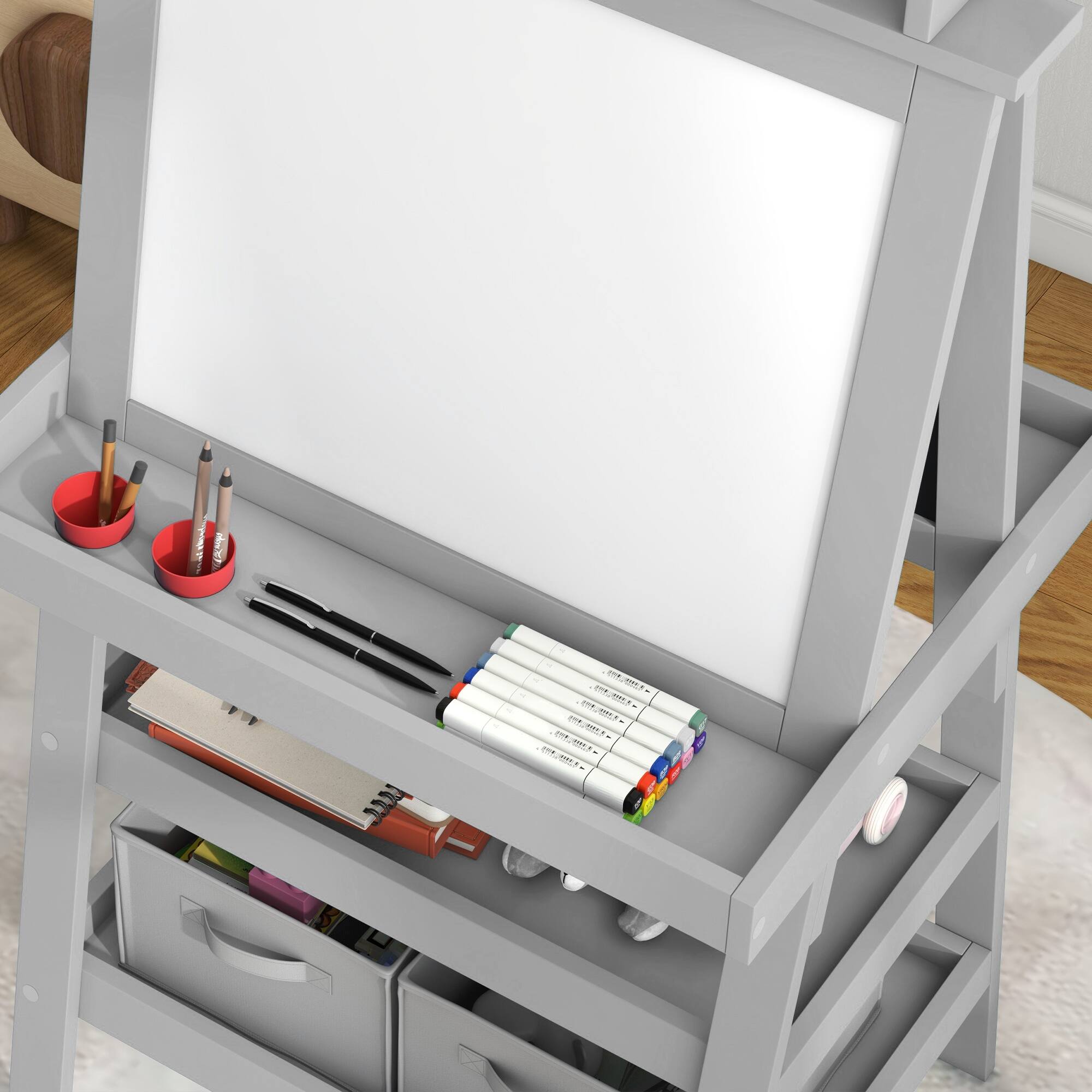 Alt View 4. Qaba - Easel for Kids, Double Sided Art Easel with Paper Roll, Magnetic Whiteboard, Chalkboard, Storage, for 3-6 Years.