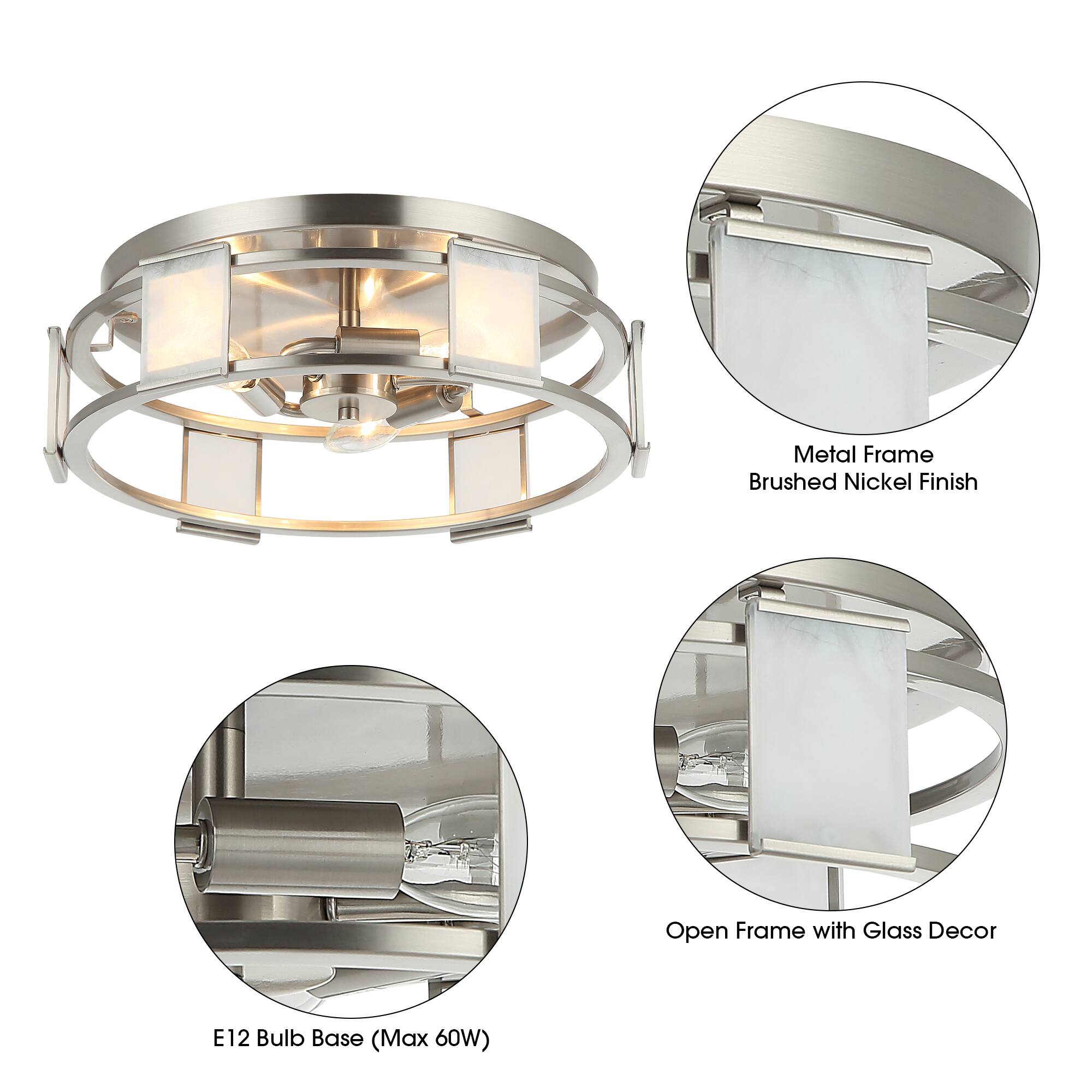 Metal Frame Brushed Nickel Finish  
Open Frame with Glass Decor  
E12 Bulb Base (Max 60W)