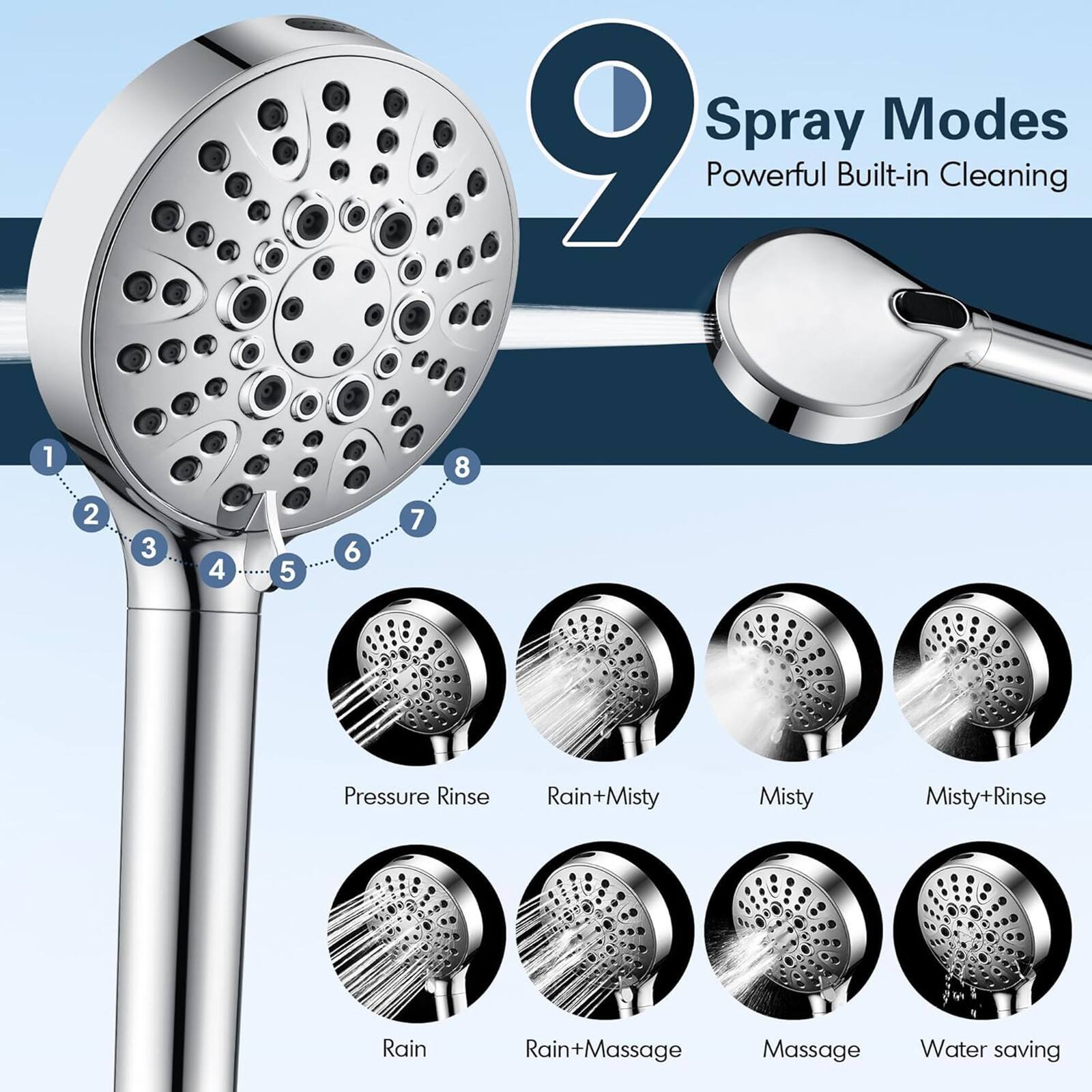 9 Spray Modes  
Powerful Built-in Cleaning  

1. Pressure Rinse  
2. Rain  
3. Rain+Misty  
4. Misty  
5. Misty+Rinse  
6. Rain+Massage  
7. Massage  
8. Water saving