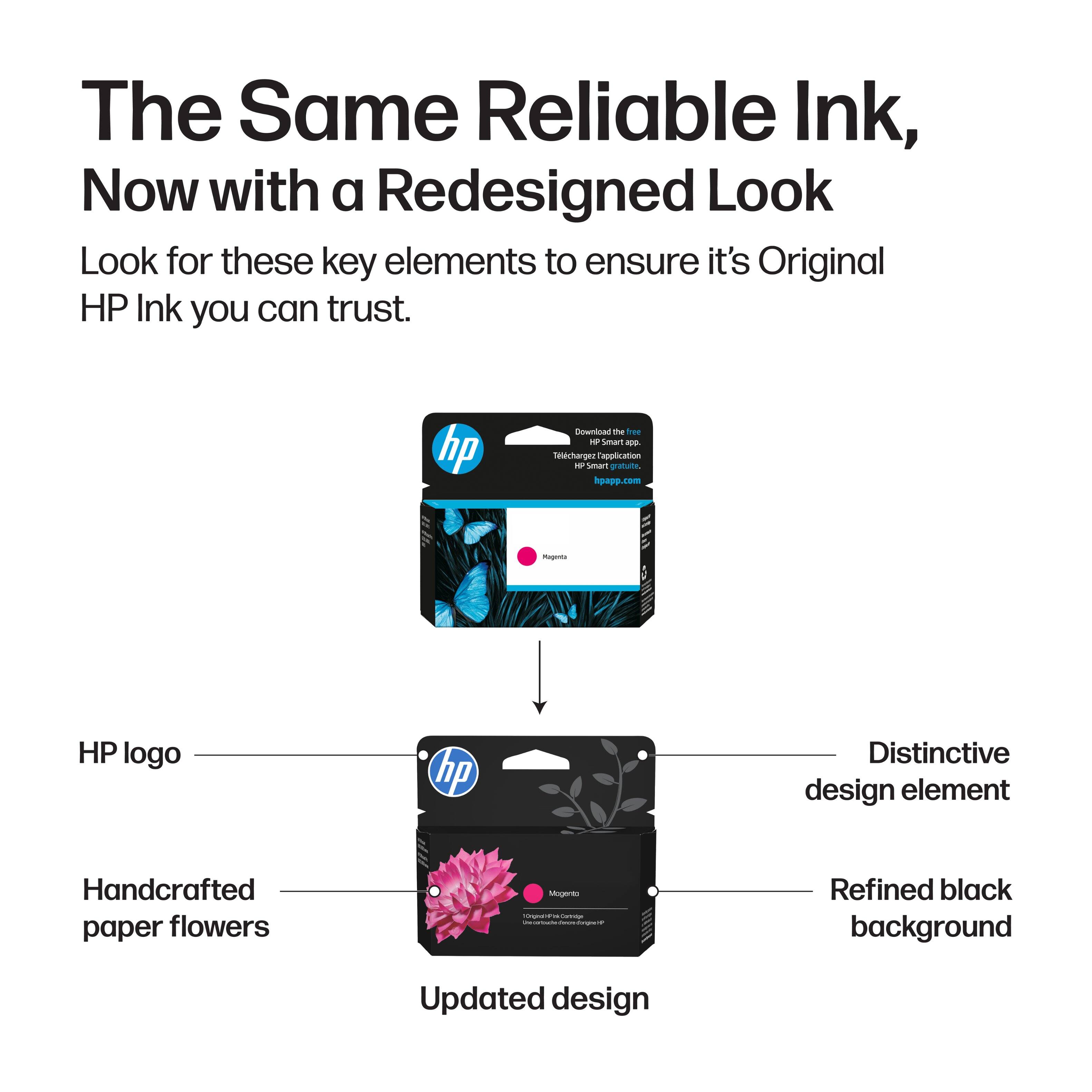 The Same Reliable Ink, Now with a Redesigned Look

Look for these key elements to ensure it's Original HP Ink you can trust.

- HP logo
- Distinctive design element
- Handcrafted paper flowers
- Refined black background
- Updated design