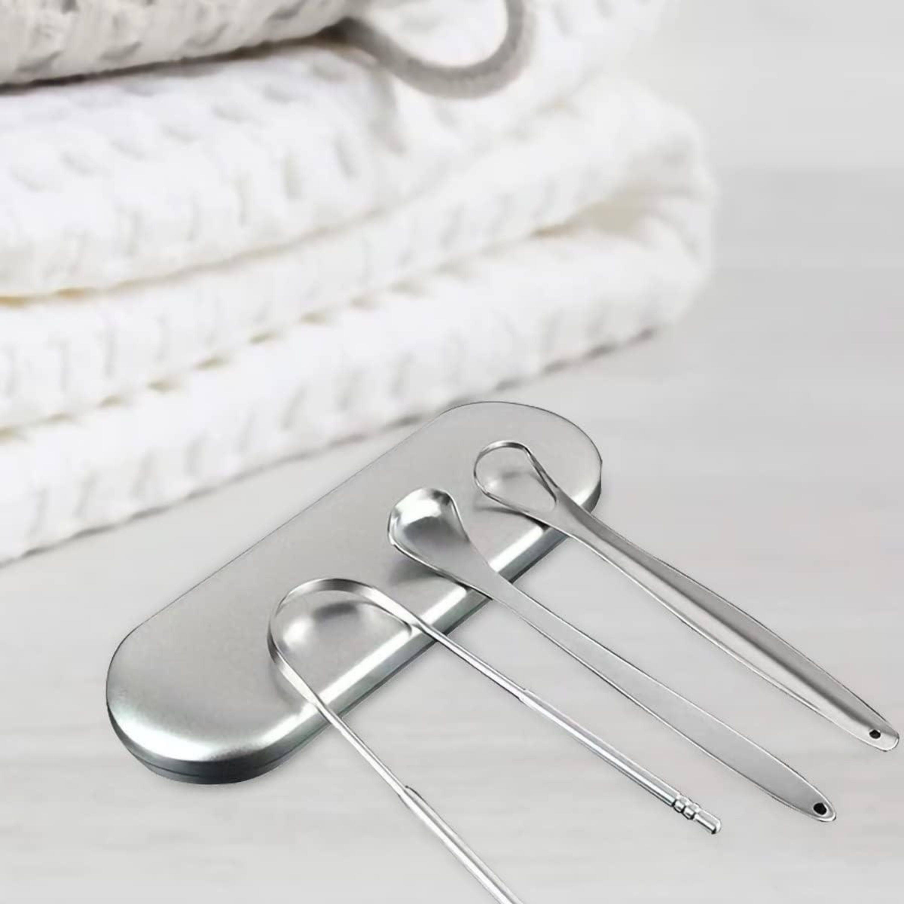 Angle. Kitcheniva - Stainless Steel Tongue Scraper 3 Pcs Set with Storage Box.