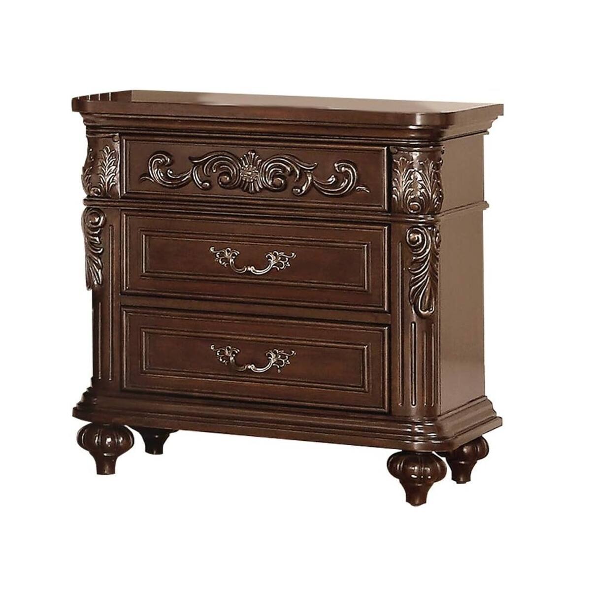 Left. Loheer - Loheer Traditional Walnut Nightstand, Two Drawer Bedside Table, Antique Finish - Walnut Brown.