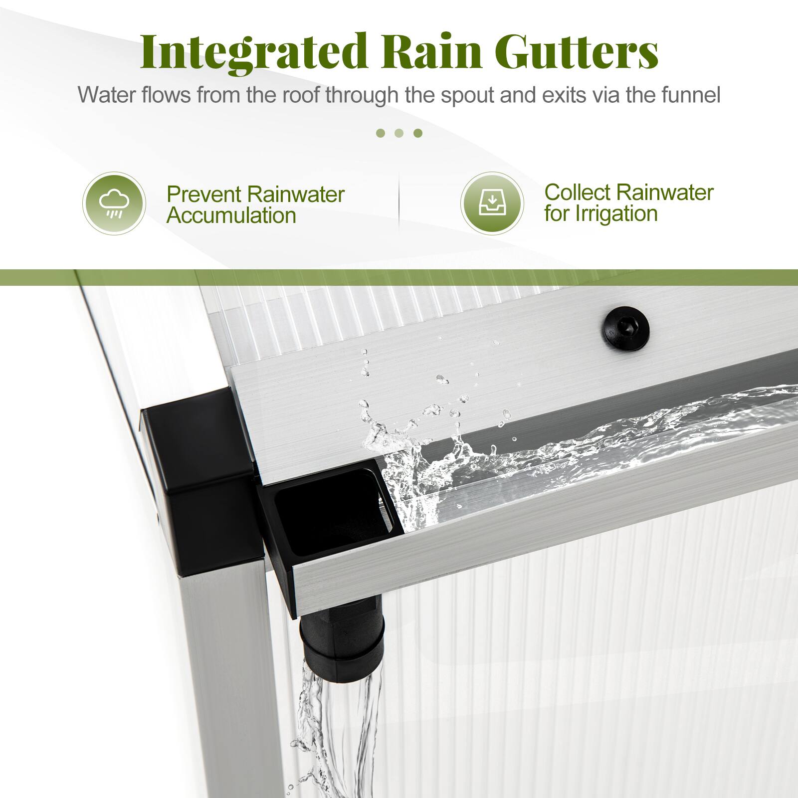 Integrated Rain Gutters  
Water flows from the roof through the spout and exits via the funnel

- Prevent Rainwater Accumulation
- Collect Rainwater for Irrigation