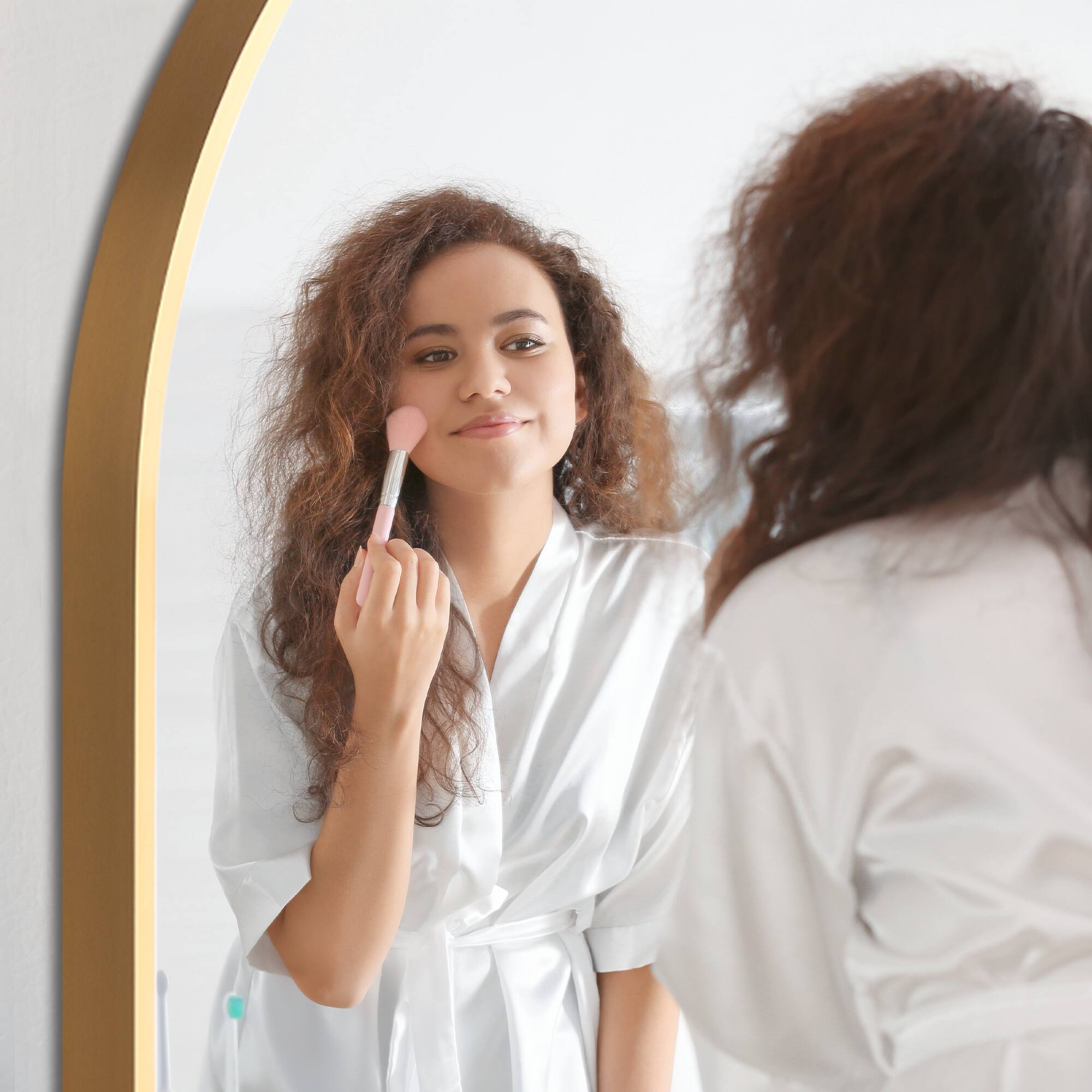 Alt View 3. Lirago - 36" x 24" Arched Hanging Bathroom Mirror with Gold Scratch-Resistant Aluminum Alloy Frame - Gold.