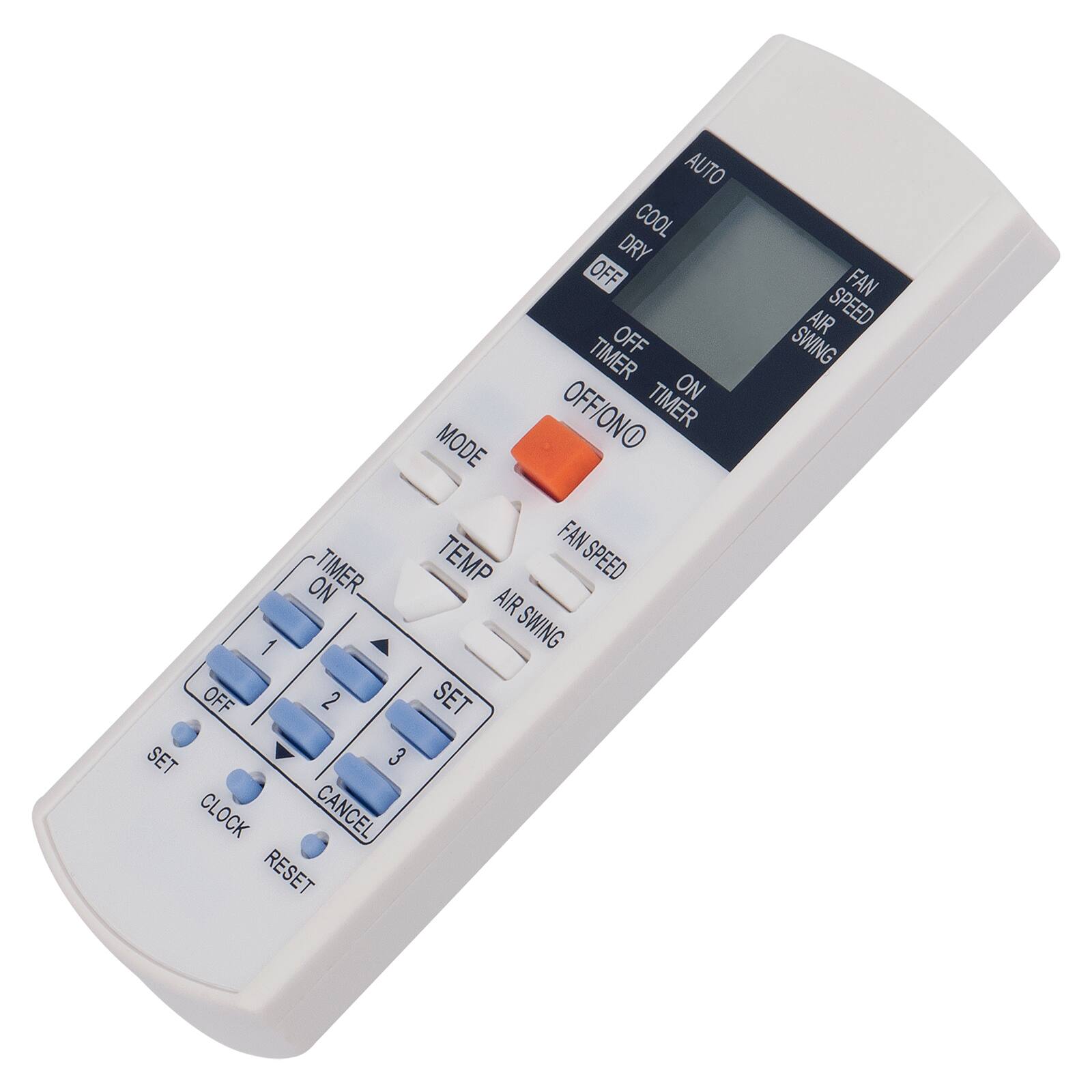 Here is the corrected and grouped text from the image:

**Top Section:**
- AUTO
- COOL
- DRY
- OFF
- FAN SPEED
- AIR SWING
- TIMER
- OFF
- ON
- TIMER

**Middle Section:**
- MODE
- FAN SPEED
- TIMER ON
- TEMP
- AIR SWING
- SET
- 1
- 2
- 3
- SET
- CANCEL
- CLOCK
- RESET

**Bottom Section:**
- TIMER ON
- TEMP
- AIR SWING
- SET
- 1
- 2
- 3
- SET
- CANCEL
- CLOCK
- RESET