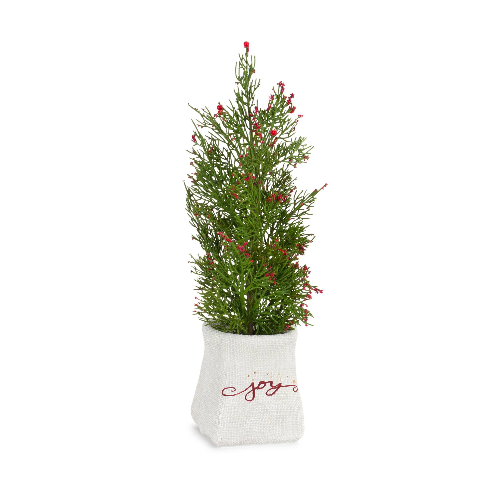 Angle. BreeBe - Mini Pine Tree with Berries in Ceramic Pot (Set of 2) - Green, White, Red.