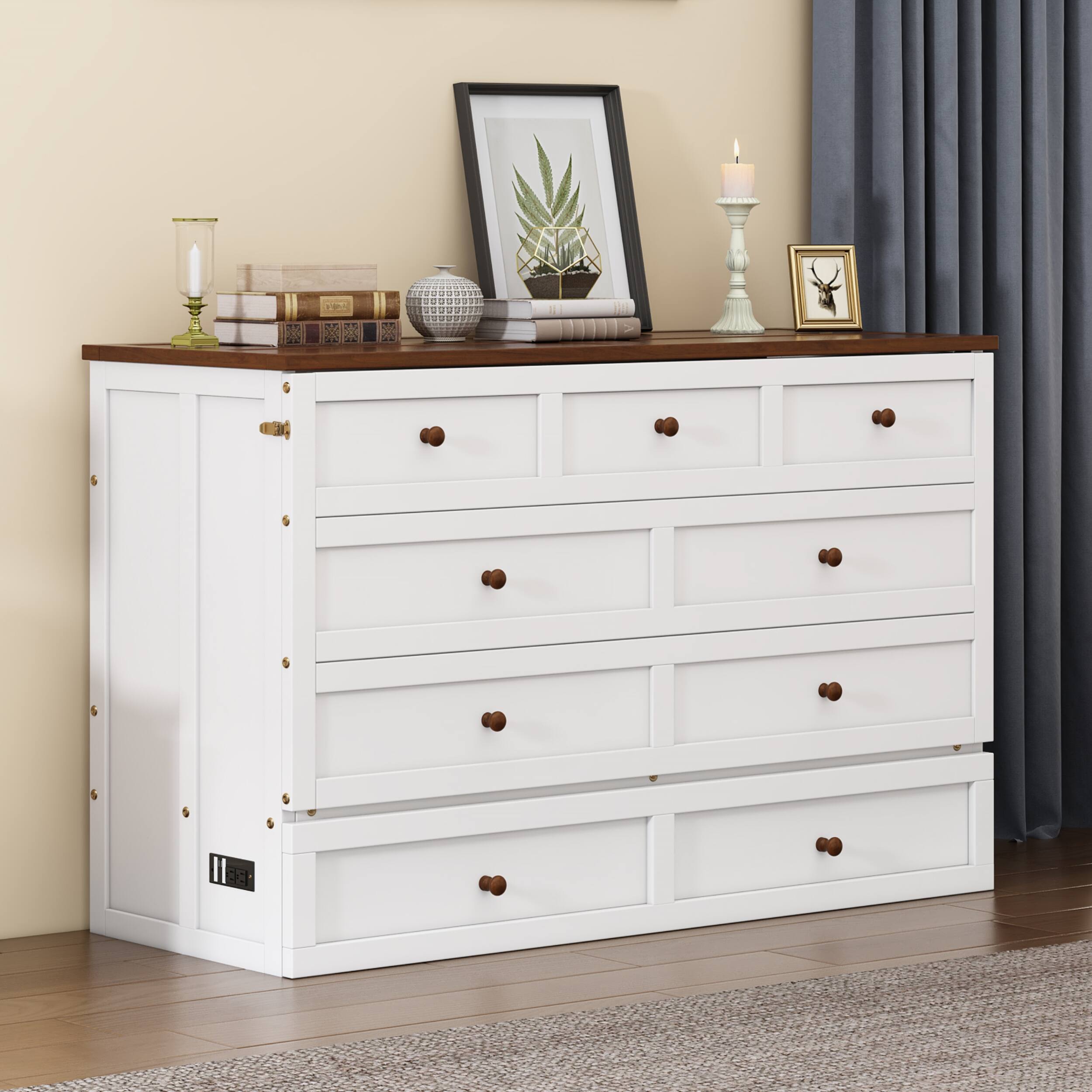 Left. Tiramisubest - Solid Pine Murphy Bed Chest with Charging Station and Large Storage Drawer, Queen, White+Walnut - White+Walnut.
