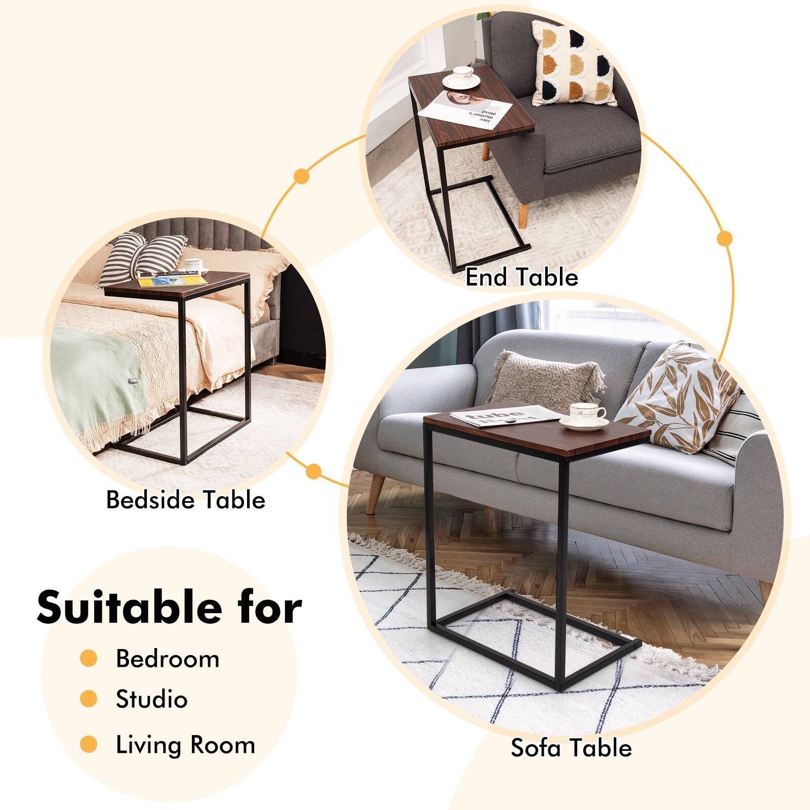 End Table, Bedside Table, Sofa Table, Suitable for Bedroom, Studio, Living Room