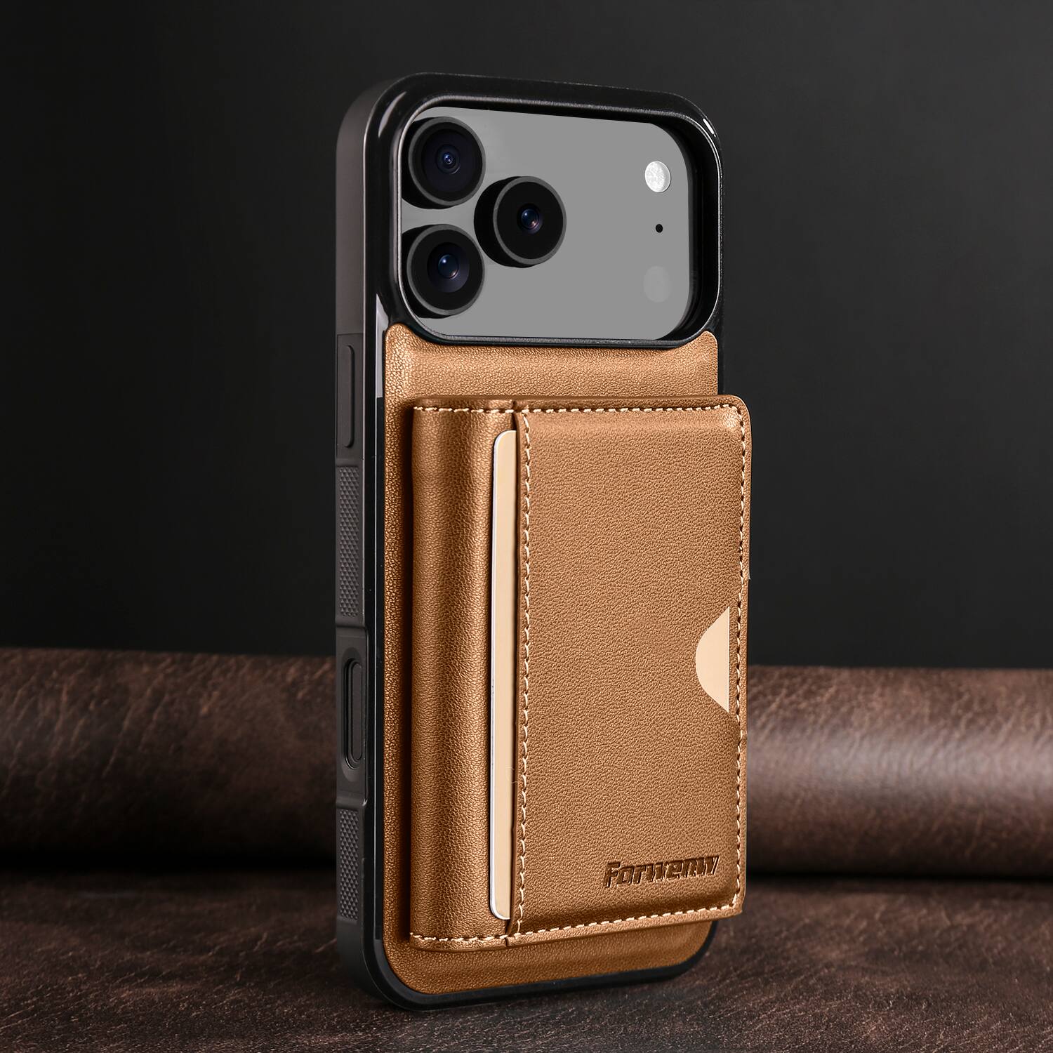 Angle. Dteck - 2-in-1 Magnetic Detachable Wallet Case for Apple iPhone 17 Pro Max, PU Leather Shockproof Cover with Kickstand - Brown.
