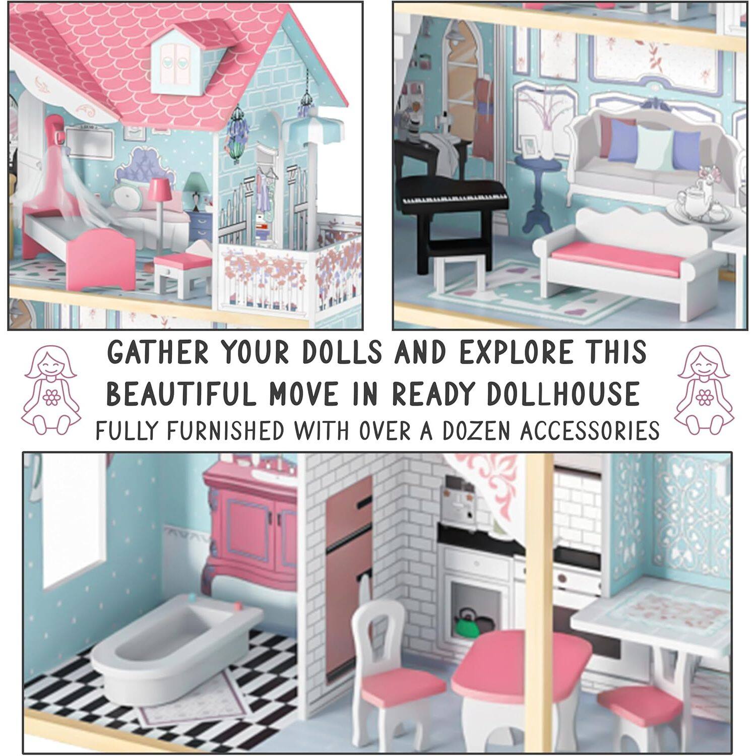 Gather your dolls and explore this beautiful move-in-ready dollhouse fully furnished with over a dozen accessories.