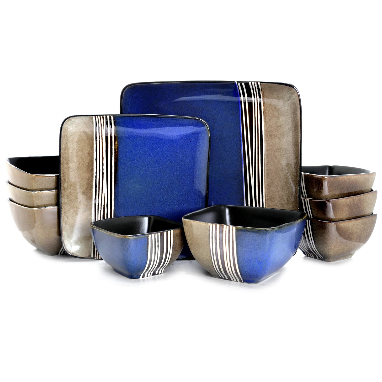 Elama - Uptown Loft 16 Piece Double Bowl Stoneware Dinnerware Set with Service for 4 - Blue