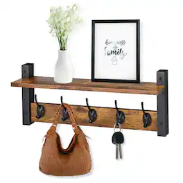 Sorbus - Coat Hooks Wall Mount with Shelf, 24 Inch Coat Rack Wall Mount with 5 Heavy Duty Hooks, Floating Wall Shelf - Brown