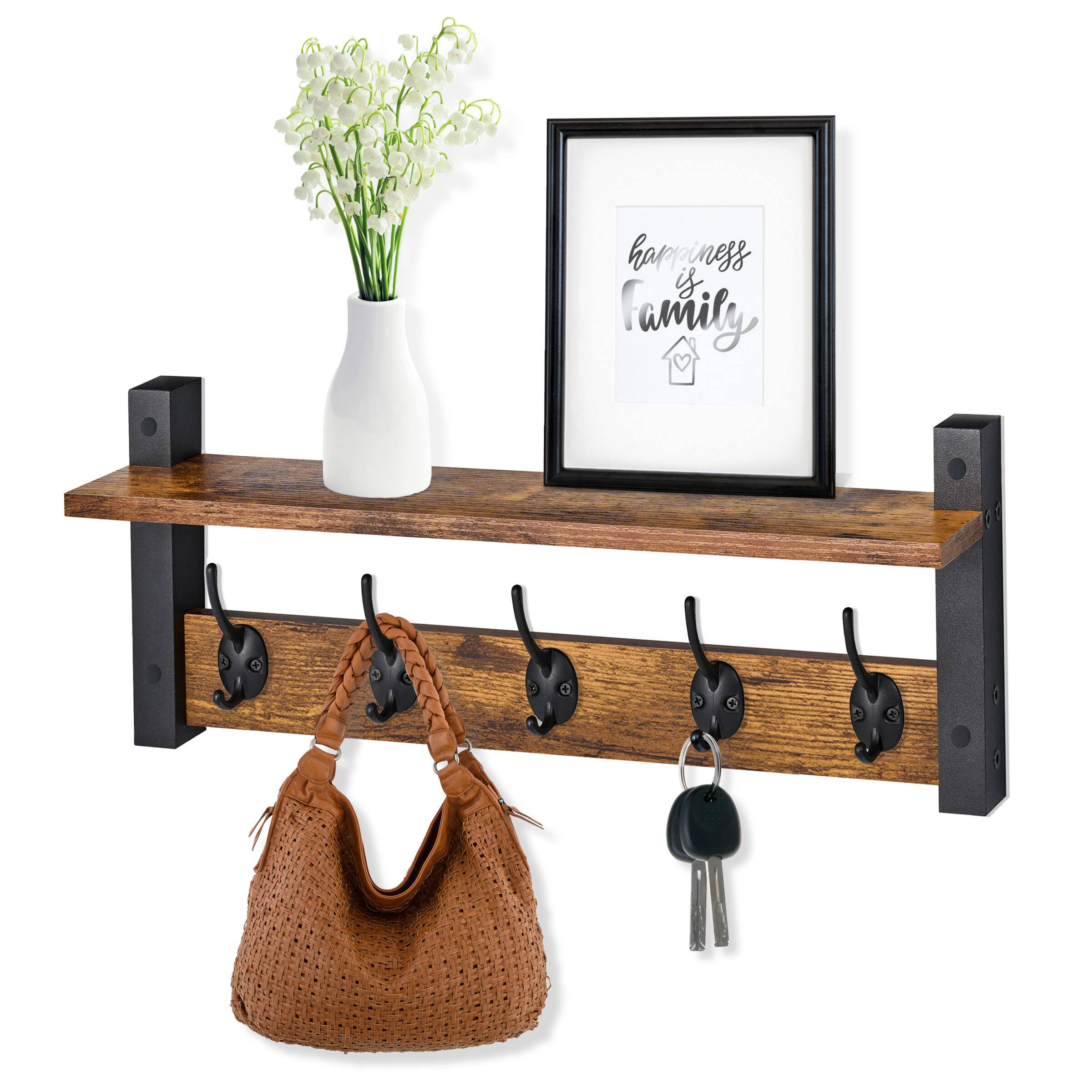 Sorbus - Coat Hooks Wall Mount with Shelf, 24 Inch Coat Rack Wall Mount with 5 Heavy Duty Hooks, Floating Wall Shelf - Brown