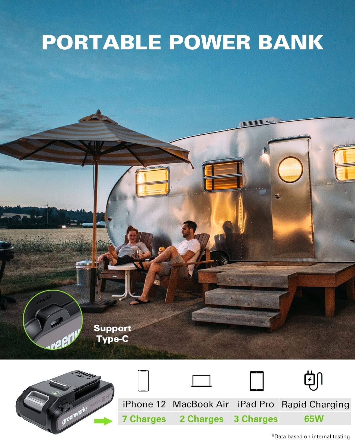 PORTABLE POWER BANK

Support Type-C

iPhone 12: 7 Charges  
MacBook Air: 2 Charges  
iPad Pro: 3 Charges  
Rapid Charging: 65W  

*Data based on internal testing