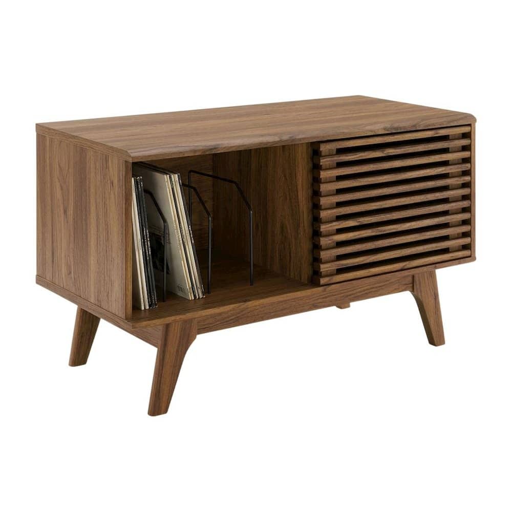 FurniFact - Wood vinyl record display stand in warm finish with spacious shelf - Brown
