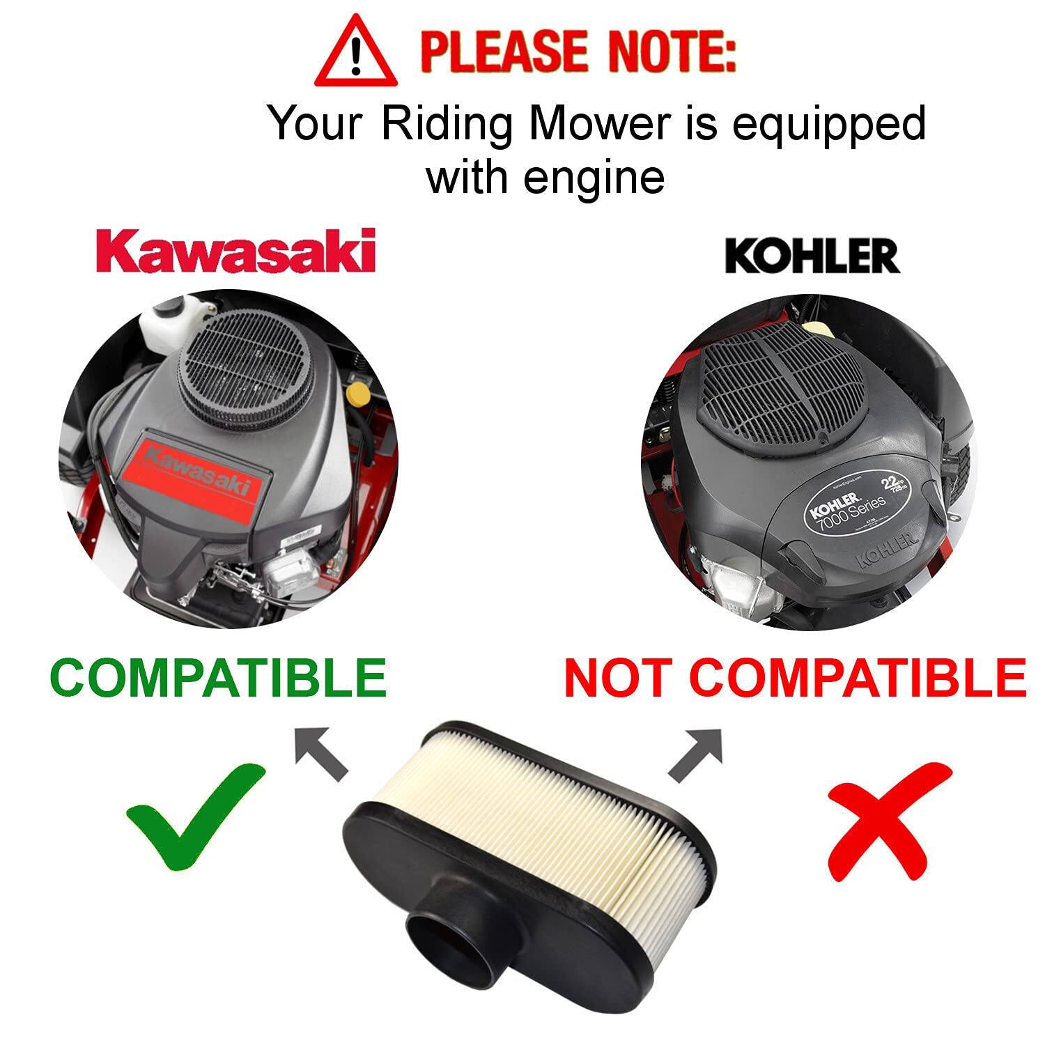 PLEASE NOTE:  
Your Riding Mower is equipped with engine  
Kawasaki  
COMPATIBLE  

KOHLER  
NOT COMPATIBLE