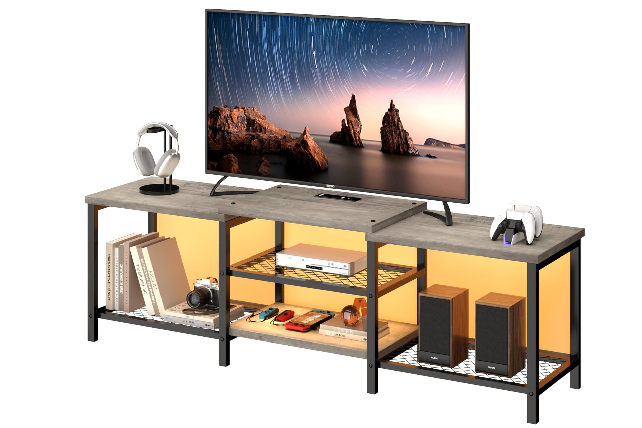 Acekool - 66.9" Entertainment Center with Power Outlet,TV Media Console Table with 3-Tier Open Storage Shelves - Gray