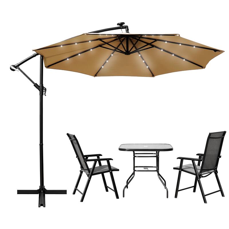 Left. LeisureMod - Willry Solar Powered Patio LED Umbrella with Crank and Powder Coated Metal Frame - Beige.