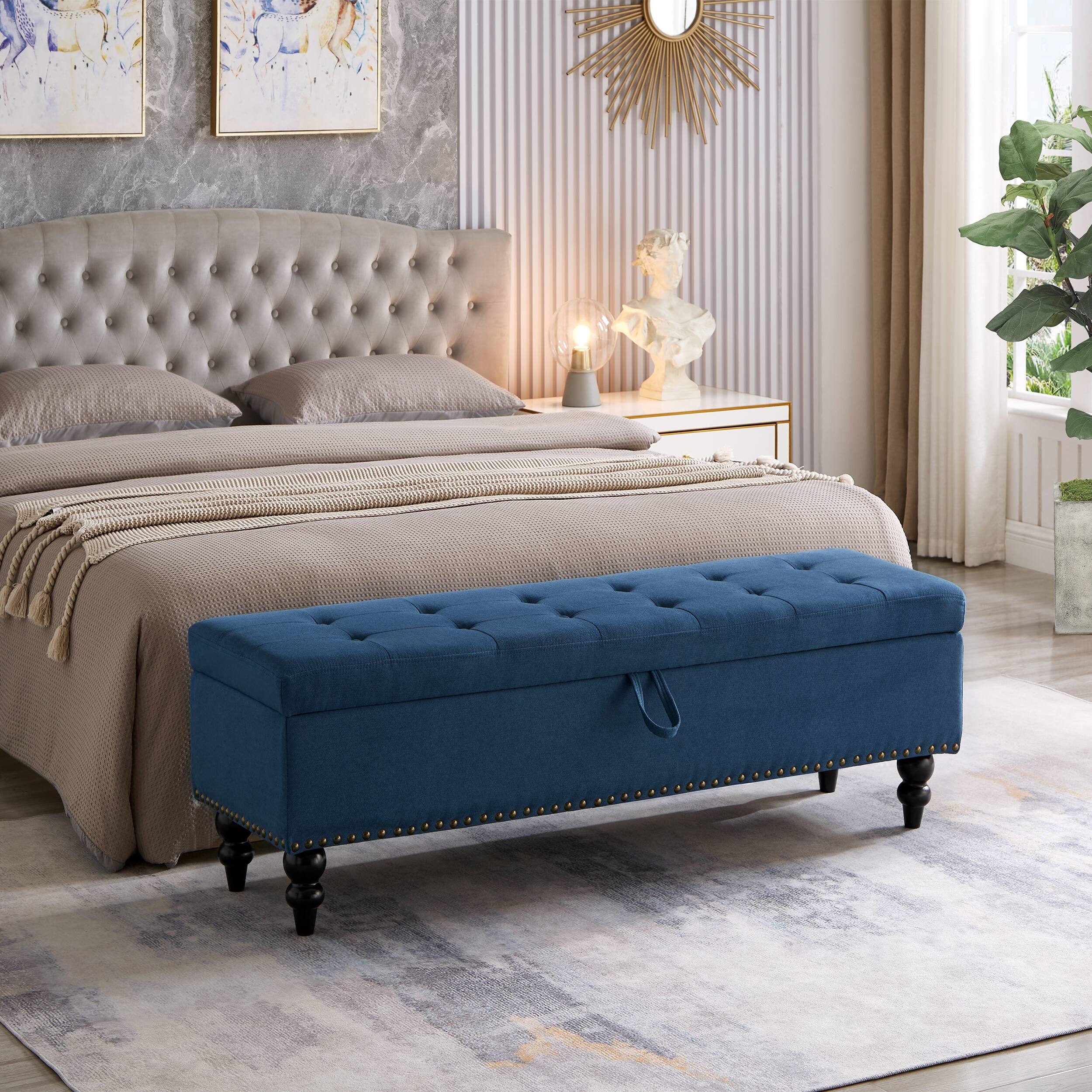 Front. Ropilly - Ropilly 59 Inch Blue Fabric Storage Bench Button Tufted End of Bed Ottoman - Blue.