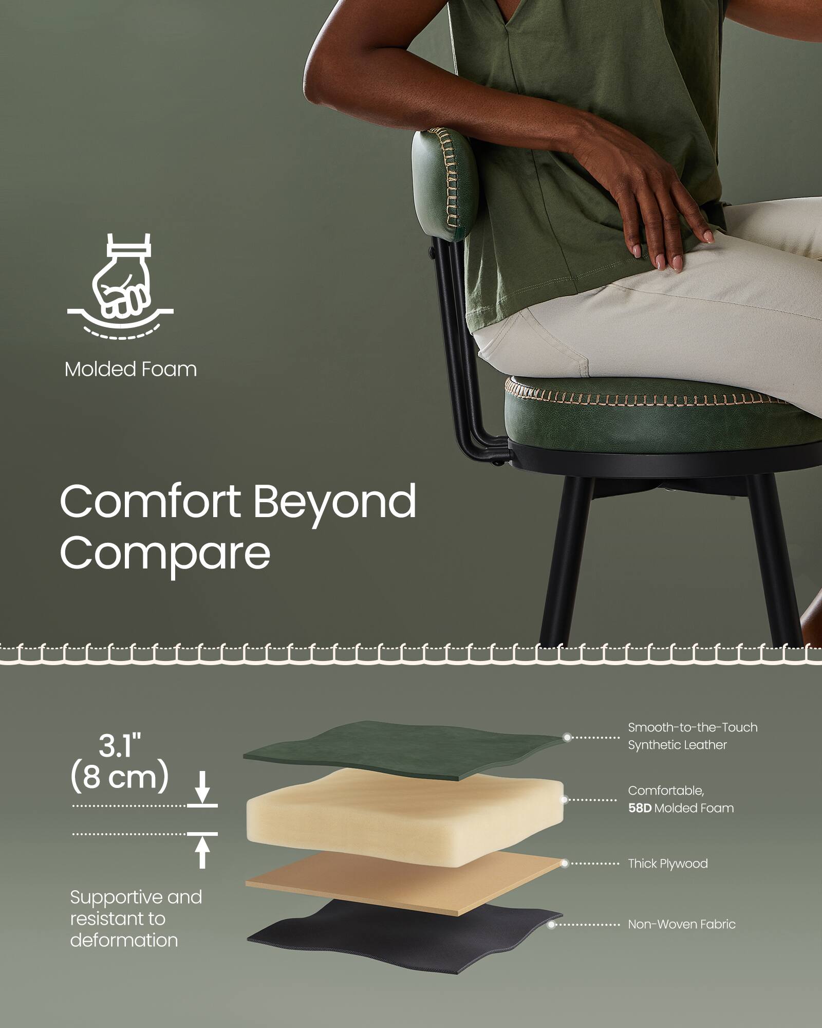 Molded Foam Comfort Beyond Compare  
3.1" (8 cm)  
Smooth-to-the-Touch Synthetic Leather  
Comfortable, 58D Molded Foam  
Thick Plywood  
Supportive and resistant to deformation  
Non-Woven Fabric