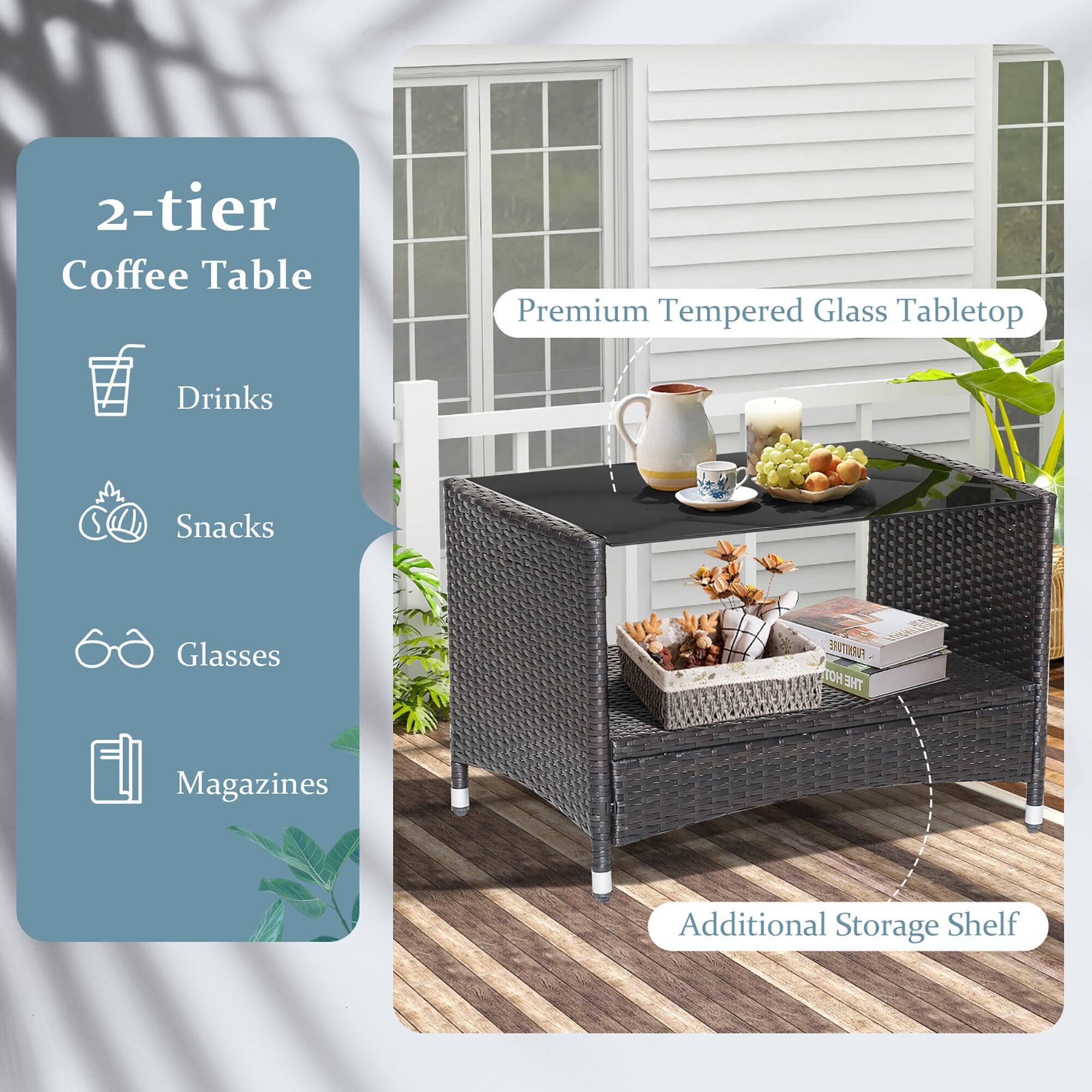 2-tier Coffee Table, Premium Tempered Glass Tabletop, Drinks, Snacks, Glasses, Magazines, Additional Storage Shelf