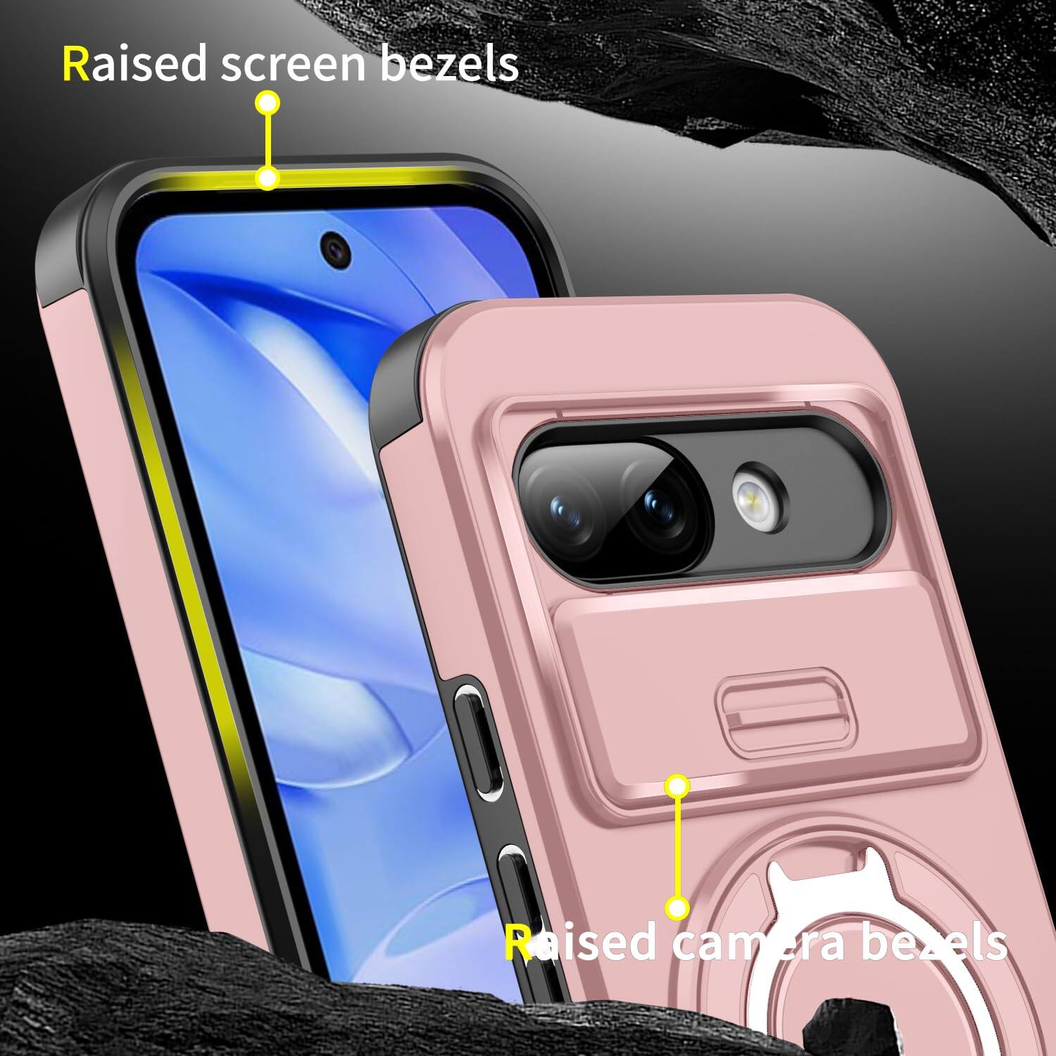 Raised screen bezels  
Raised camera bezels