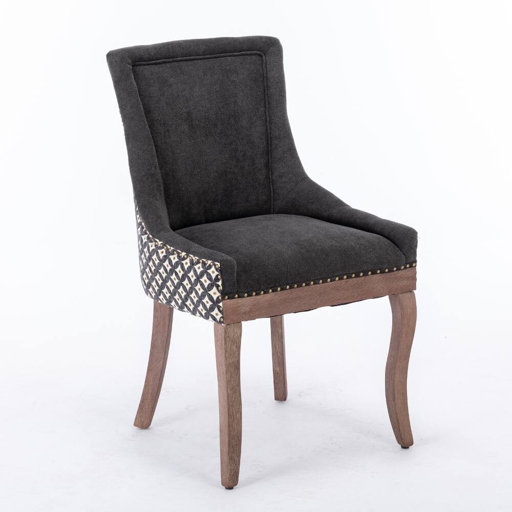 Back. Loheer - Loheer Fabric Dining Chairs Set of 2 Charcoal Black Solid Wood Mid-Century Upholstered Side Chairs with Nailhead Trim - Charcoal Black.