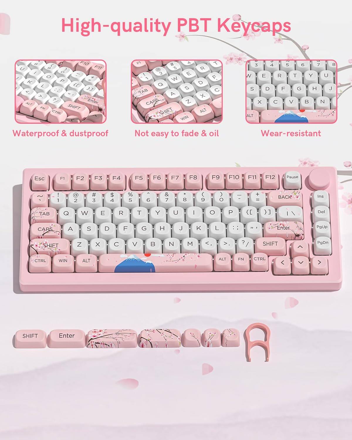 High-quality PBT Keycaps

Waterproof & dustproof
Not easy to fade & oil
Wear-resistant

Esc F1 F2 F3 F4 F5 F6 F7 F8 F9 F10 F11 F12 Pause

1 2 3 4 5 6 7 8 9 0 - = Backspace

Tab Q W E R T Y U I O P [ ] \

Caps A S D F G H J K L ; '

Shift Z X C V B N M , . / Shift

Ctrl Win Alt Fn Ctrl Shift Enter