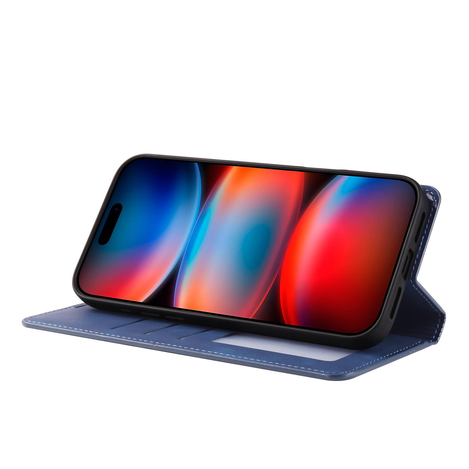 Angle. Dteck - Magnetic Wallet Case For iPhone 17 Pro Max, Shockproof Card Pocket Viewing Kickstand Protective Folio PU Leather Cover - Blue.