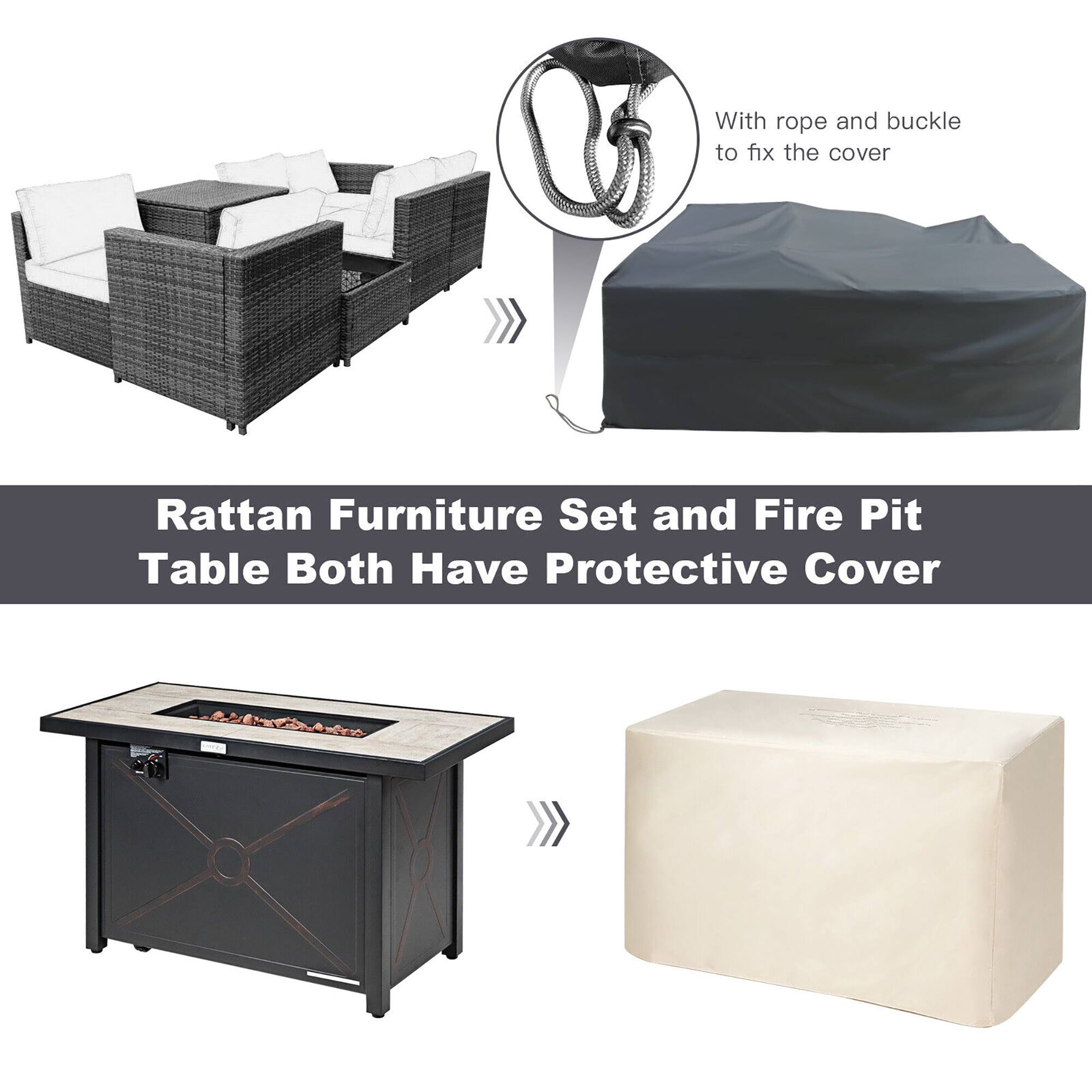 With rope and buckle to fix the cover, Rattan Furniture Set and Fire Pit Table Both Have Protective Cover