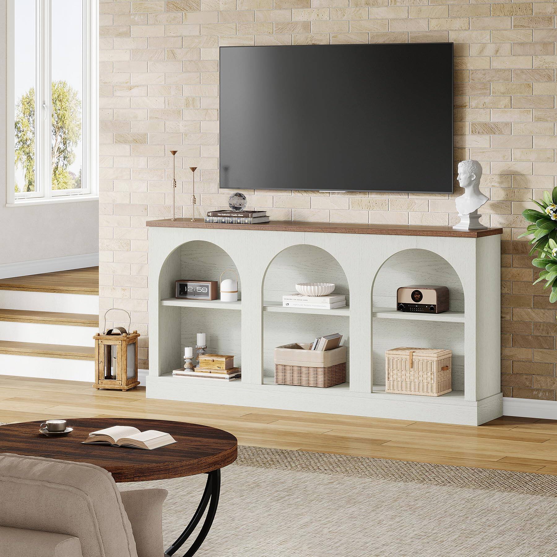Alt View 4. Tribesigns - 63-Inch Arched Farmhouse TV Stand with 3 Open Storage Compartments for TVs up to 65 Inches - Off-white and Brown.