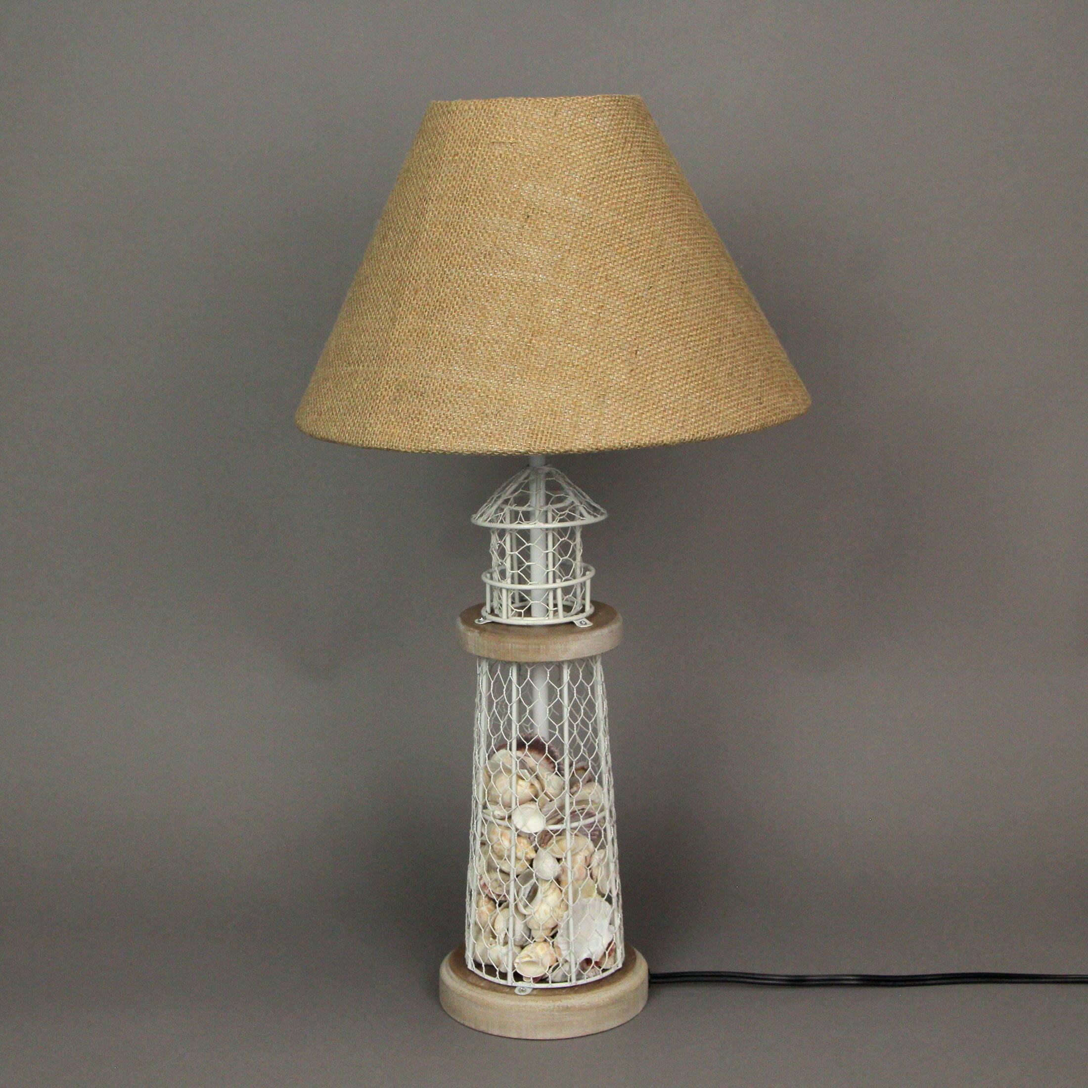 Alt View 2. Zeckos - White and Grey Metal Mesh Seashell Filled Lighthouse Table Lamp with Cone Shade - White.