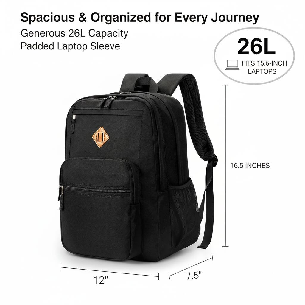 Spacious & Organized for Every Journey  
Generous 26L Capacity  
Padded Laptop Sleeve  

26L  
FITS 15.6-INCH LAPTOPS  

16.5 INCHES  
12"  
7.5"