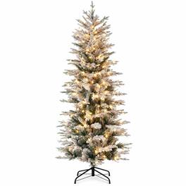RYHNUYNE - Artificial Flocked Christmas Tree With Snow Branches, Warm Yellow Clear Lights Auto Open Hinged Holiday Decor - Green